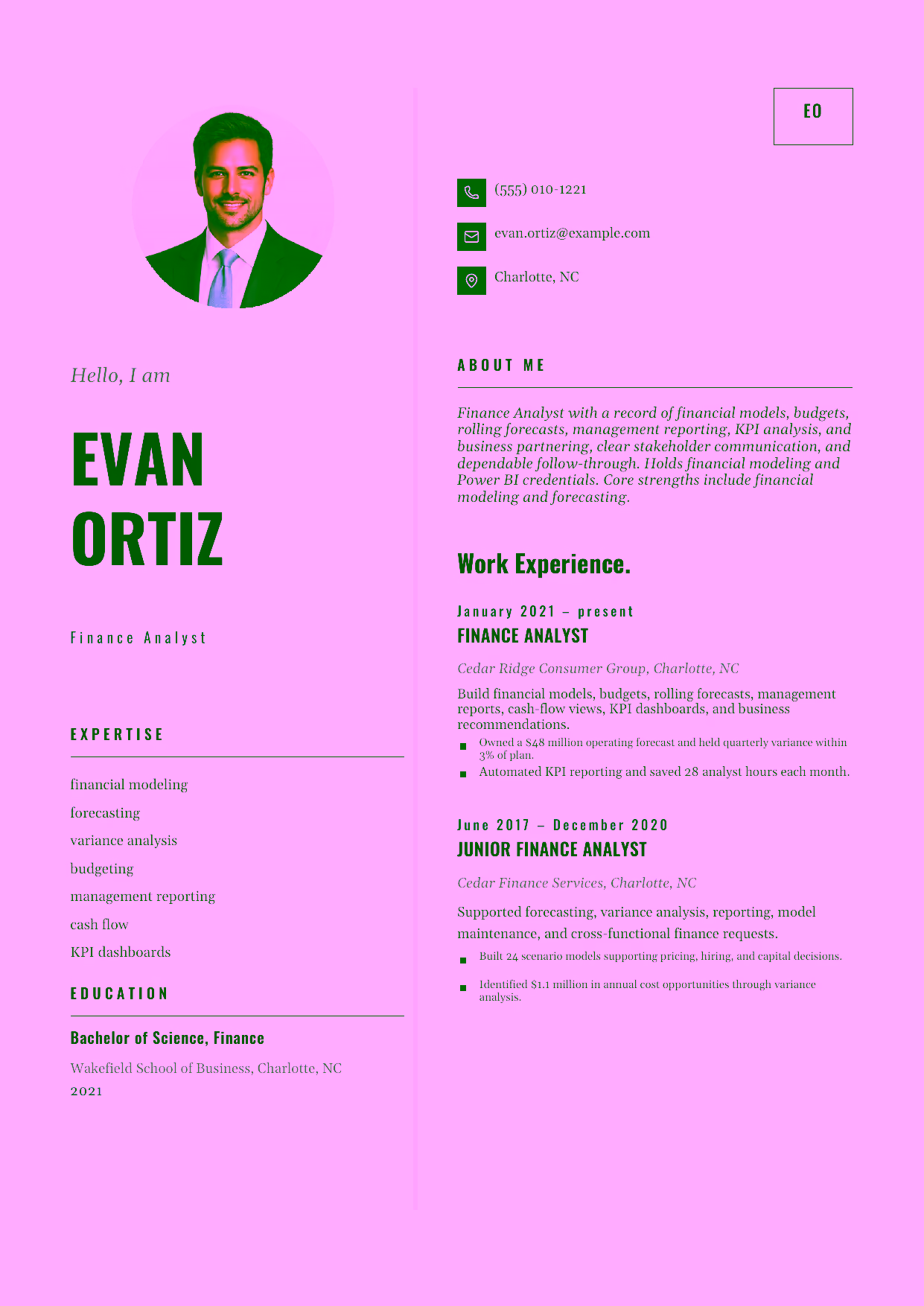 Mid-level Finance Analyst resume example in the Equuleus template focused on financial models, budgets, rolling forecasts, management reporting, KPI analysis, and business partnering.