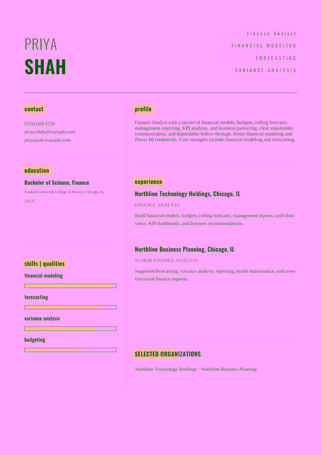 Mid-level Finance Analyst resume example in the Dorado template focused on financial models, budgets, rolling forecasts, management reporting, KPI analysis, and business partnering.