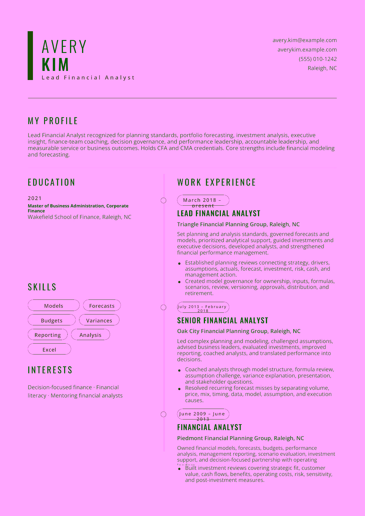 Advanced Lead Financial Analyst resume example in the Caelum template focused on planning standards, portfolio forecasting, investment analysis, executive insight, finance-team coaching, decision governance, and performance leadership.