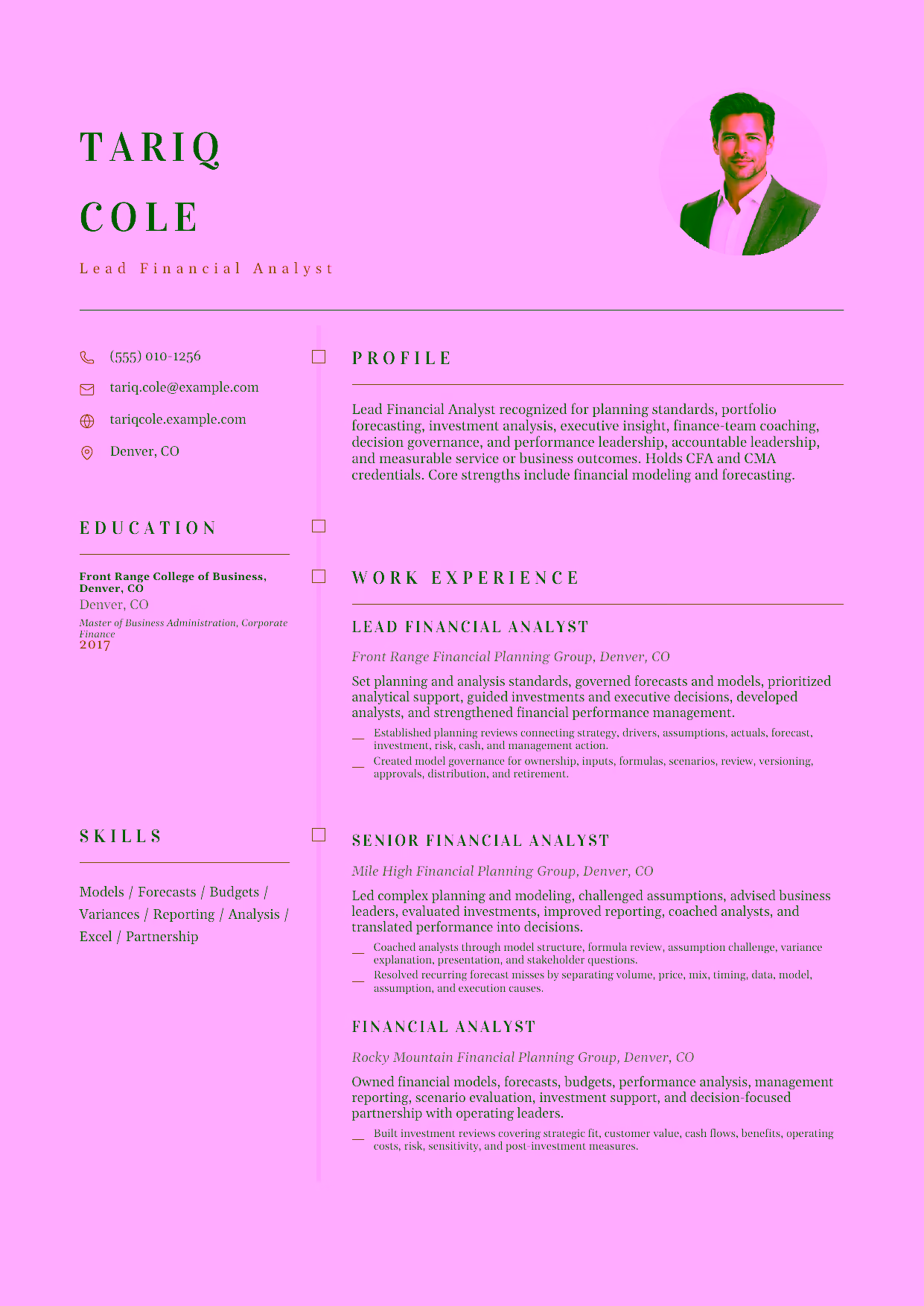 Advanced Lead Financial Analyst resume example in the Draco template focused on planning standards, portfolio forecasting, investment analysis, executive insight, finance-team coaching, decision governance, and performance leadership.
