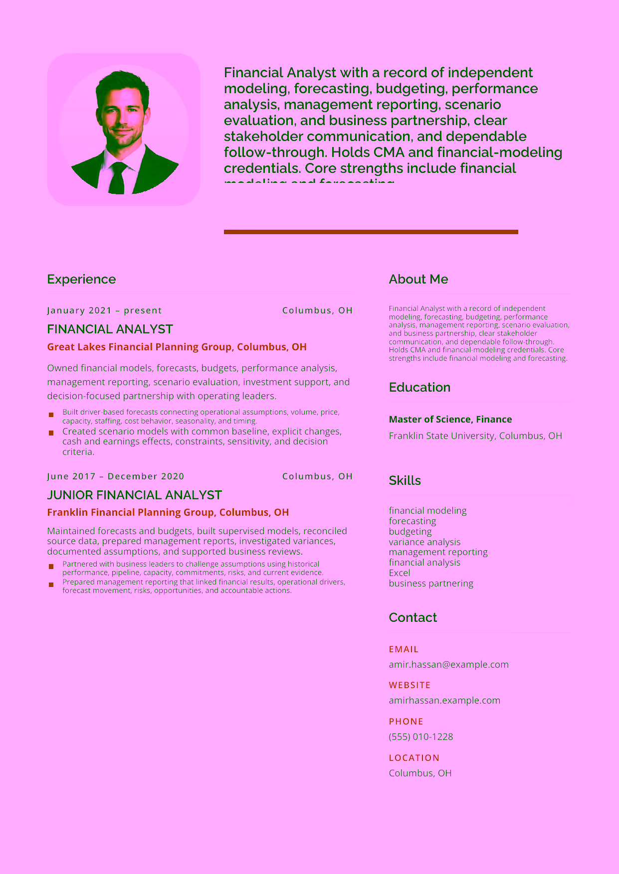 Mid-level Financial Analyst resume example in the Andromeda template focused on independent modeling, forecasting, budgeting, performance analysis, management reporting, scenario evaluation, and business partnership.