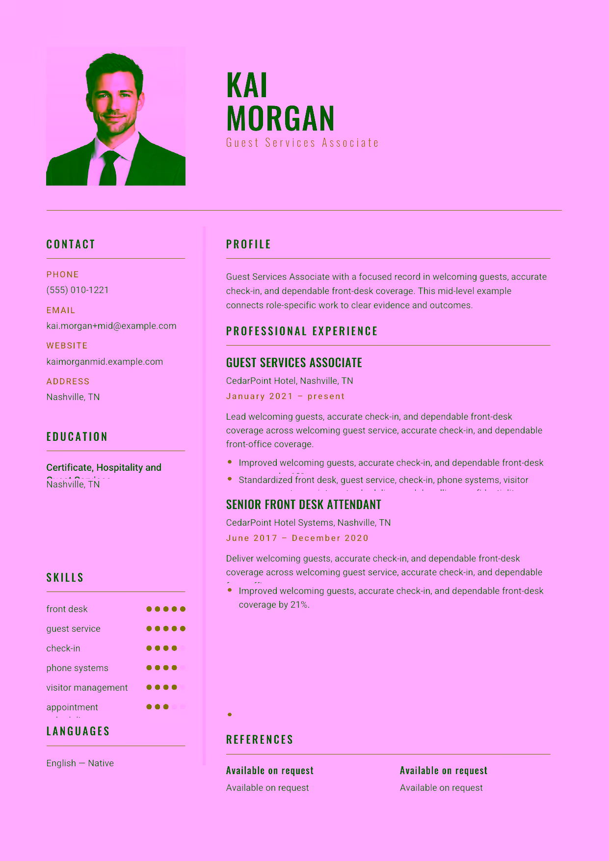 Mid-level Guest Services Associate resume example in the Acamar template focused on visitor coordination, phone systems, and appointment scheduling.