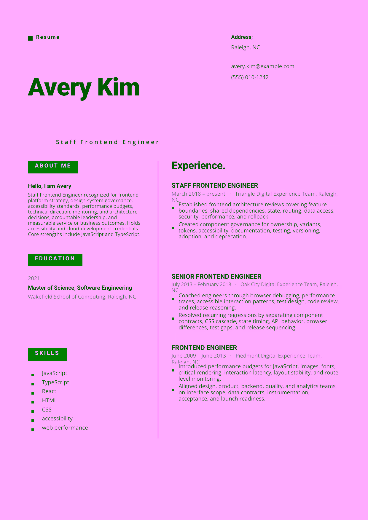 Advanced Staff Frontend Engineer resume example in the Indus template focused on frontend platform strategy, design-system governance, accessibility standards, performance budgets, technical direction, mentoring, and architecture decisions.