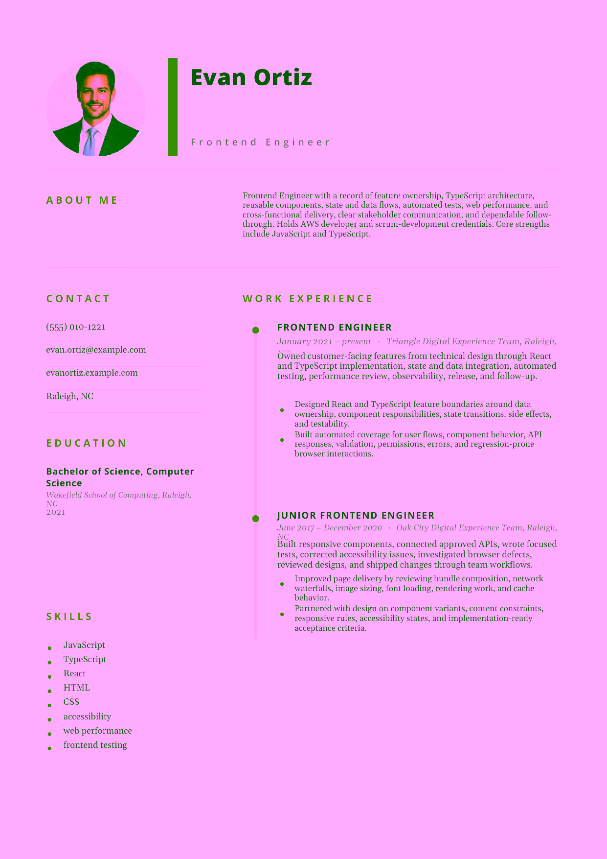 Mid-level Frontend Engineer resume example in the Pegasus template focused on feature ownership, TypeScript architecture, reusable components, state and data flows, automated tests, web performance, and cross-functional delivery.
