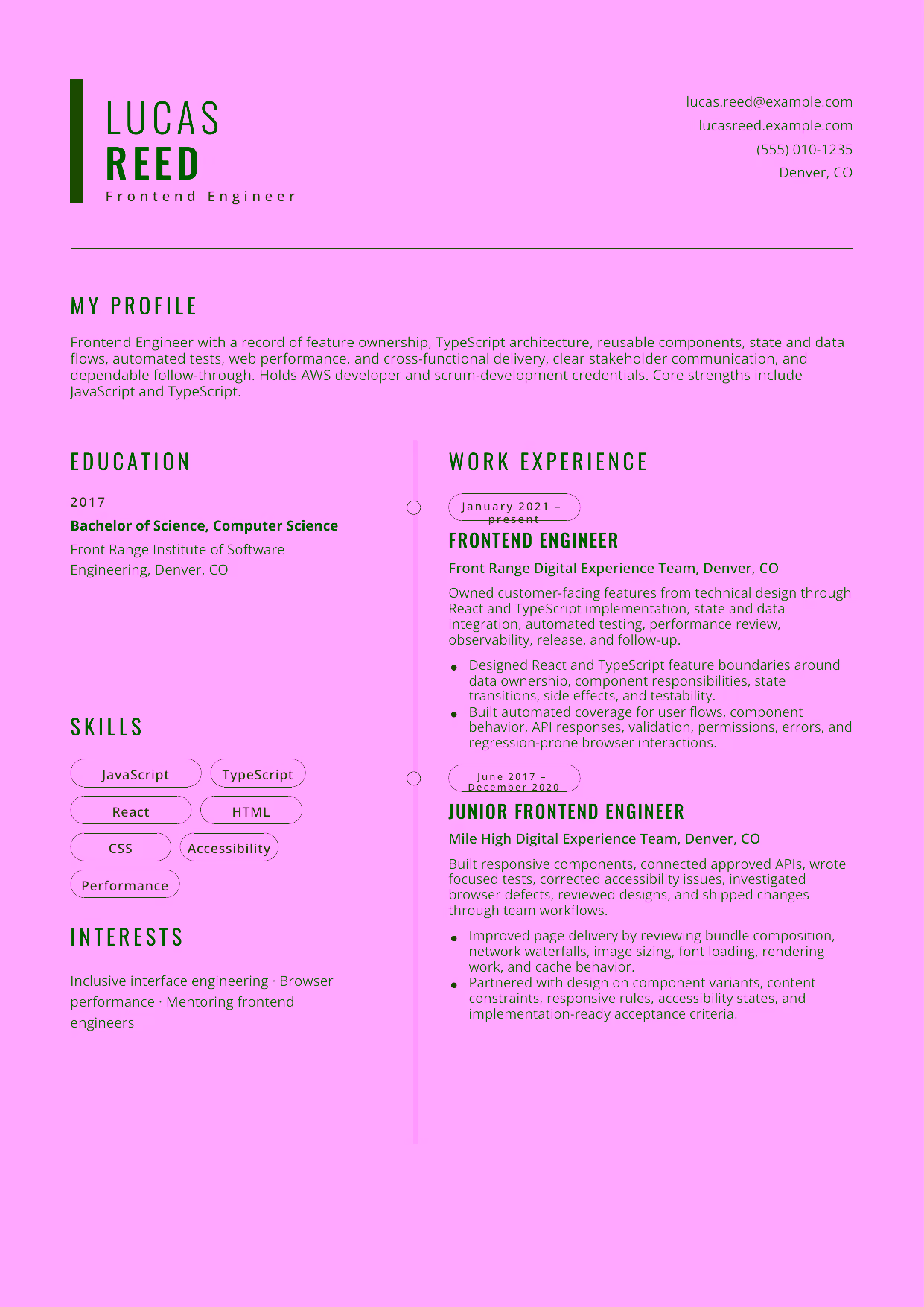Mid-level Frontend Engineer resume example in the Caelum template focused on feature ownership, TypeScript architecture, reusable components, state and data flows, automated tests, web performance, and cross-functional delivery.