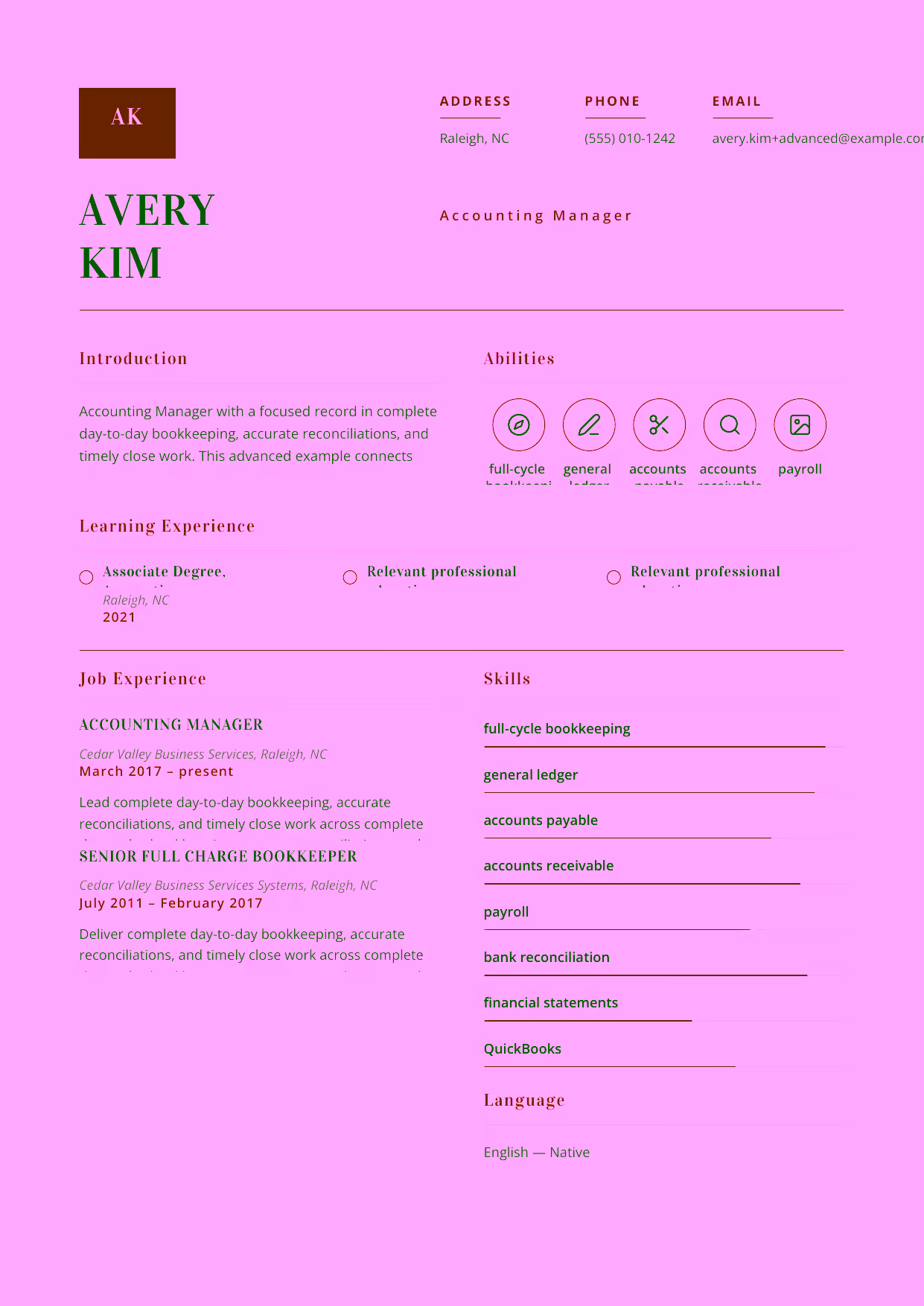 Advanced Accounting Manager resume example in the Delphinus template focused on accounting controls, audit readiness, and bookkeeper-team leadership.