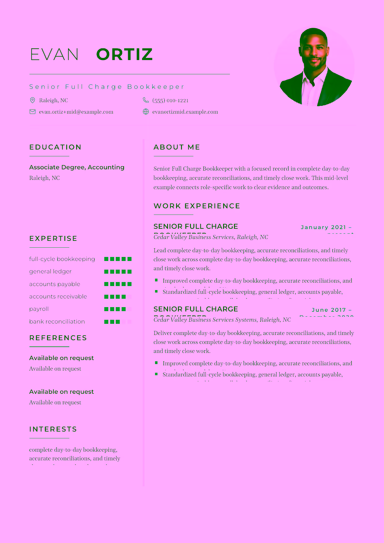 Mid-level Senior Full Charge Bookkeeper resume example in the Achernar template focused on payroll, payables and receivables, and dependable financial statements.