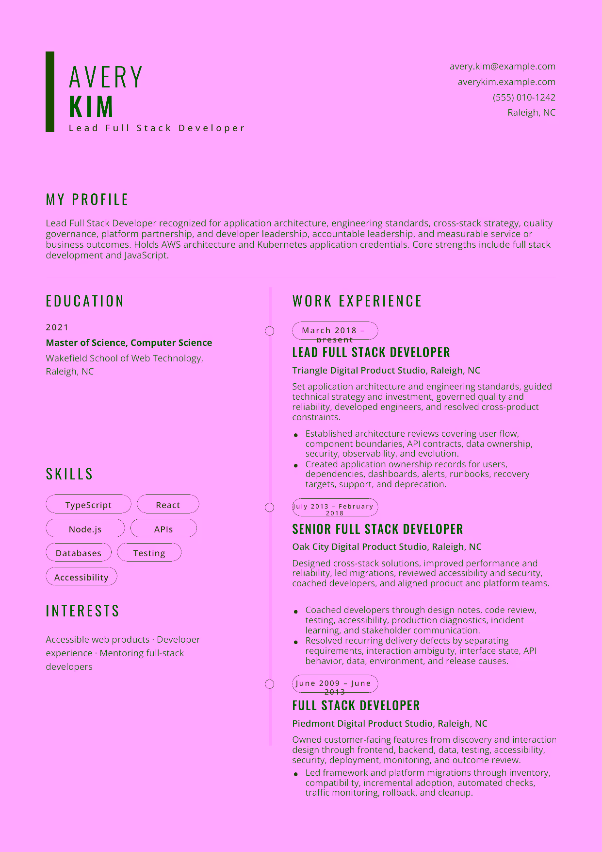 Advanced Lead Full Stack Developer resume example in the Caelum template focused on application architecture, engineering standards, cross-stack strategy, quality governance, platform partnership, and developer leadership.