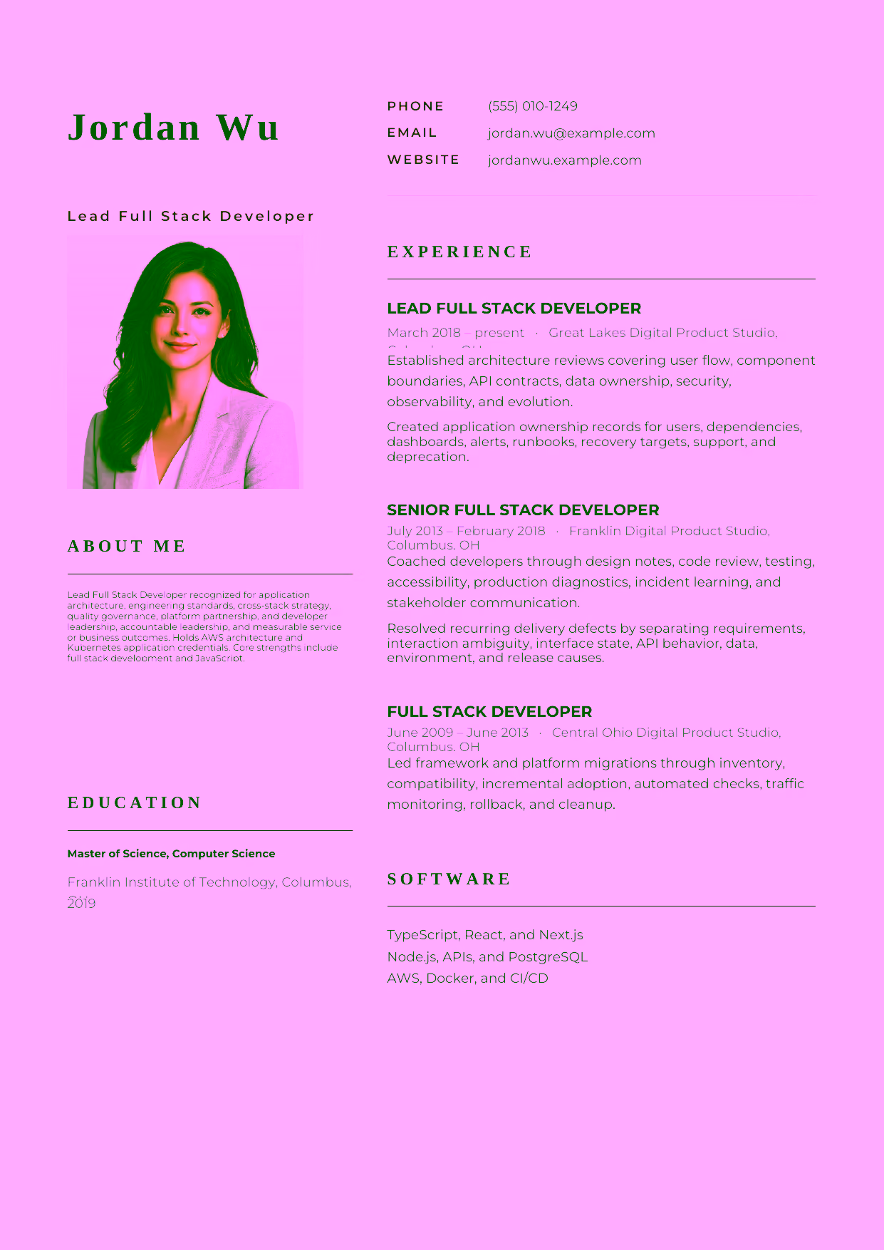 Advanced Lead Full Stack Developer resume example in the Hydra template focused on application architecture, engineering standards, cross-stack strategy, quality governance, platform partnership, and developer leadership.