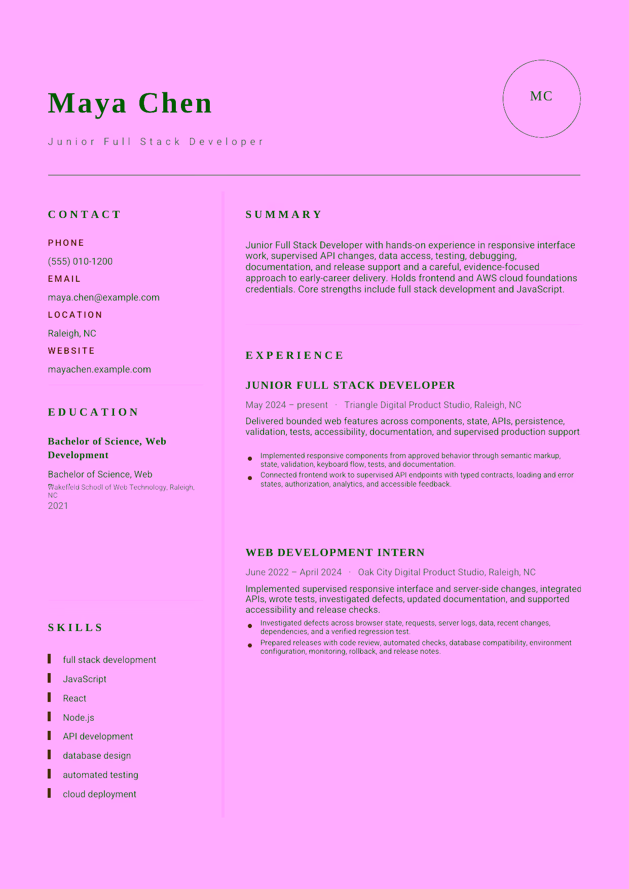 Entry-level Junior Full Stack Developer resume example in the Grus template focused on responsive interface work, supervised API changes, data access, testing, debugging, documentation, and release support.
