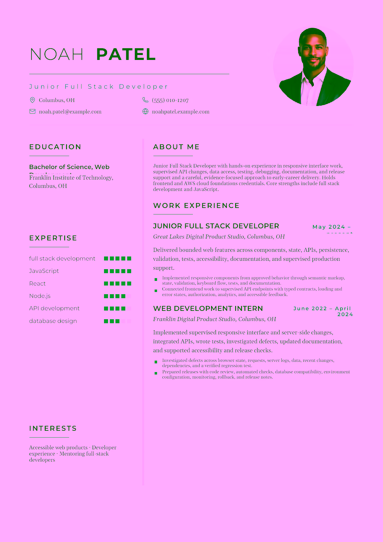 Entry-level Junior Full Stack Developer resume example in the Achernar template focused on responsive interface work, supervised API changes, data access, testing, debugging, documentation, and release support.