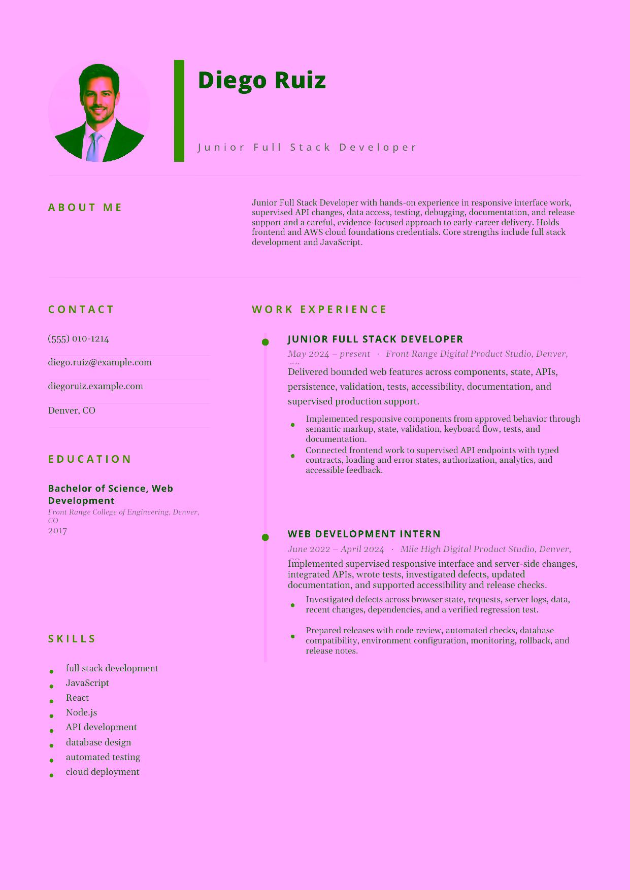 Entry-level Junior Full Stack Developer resume example in the Pegasus template focused on responsive interface work, supervised API changes, data access, testing, debugging, documentation, and release support.
