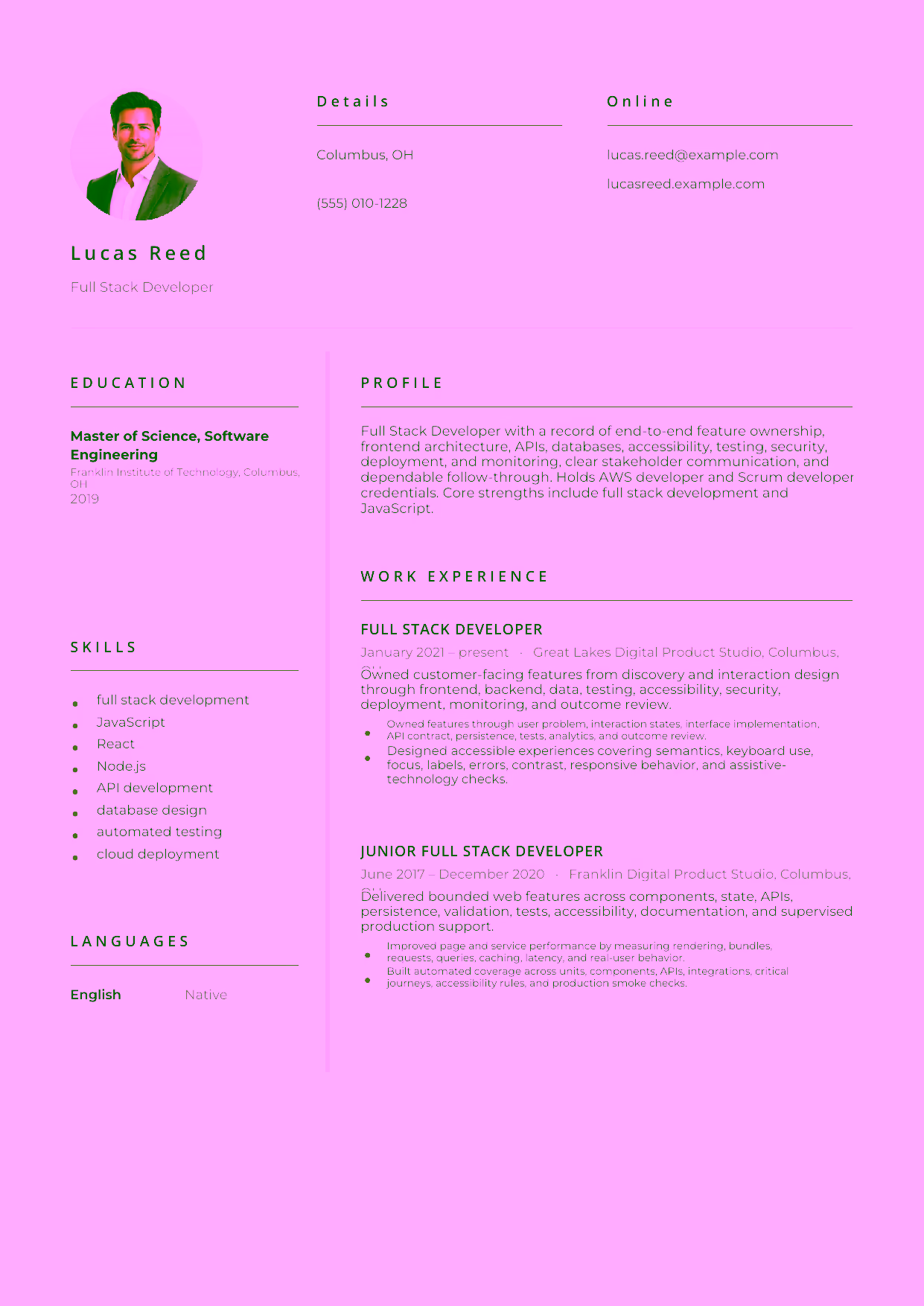 Mid-level Full Stack Developer resume example in the Pictor template focused on end-to-end feature ownership, frontend architecture, APIs, databases, accessibility, testing, security, deployment, and monitoring.