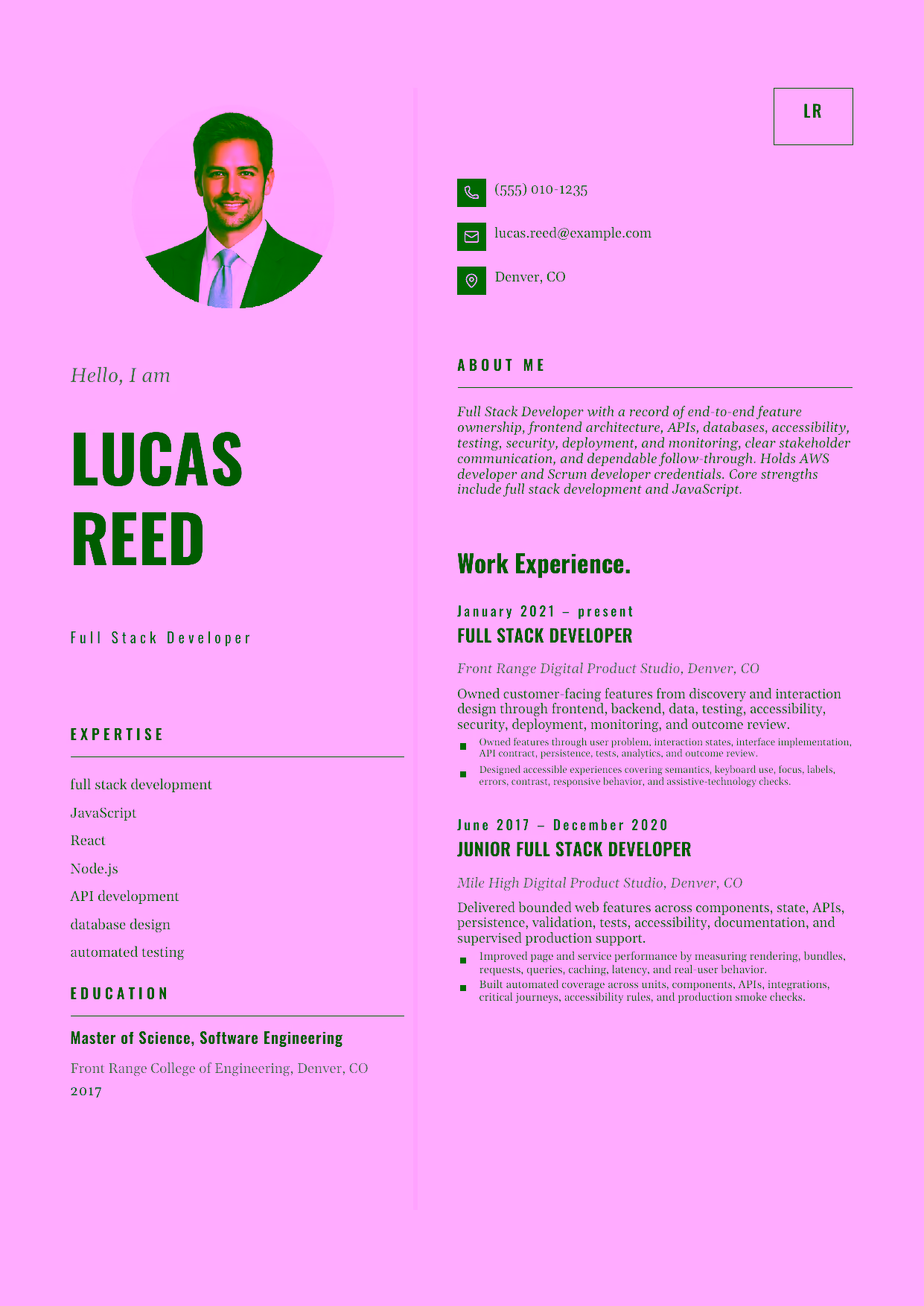 Mid-level Full Stack Developer resume example in the Equuleus template focused on end-to-end feature ownership, frontend architecture, APIs, databases, accessibility, testing, security, deployment, and monitoring.
