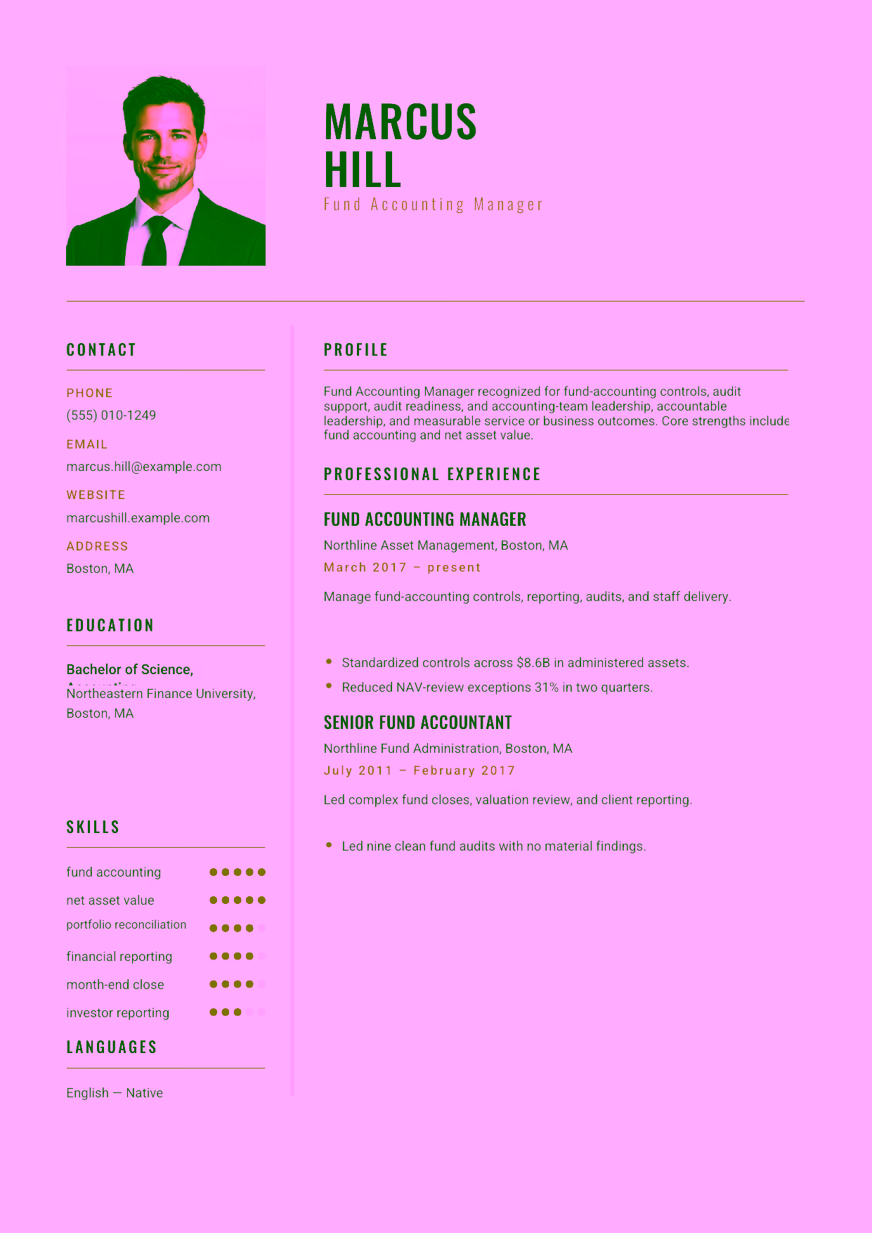 Advanced Fund Accounting Manager resume example in the Acamar template focused on fund-accounting controls, audit support, audit readiness, and accounting-team leadership.