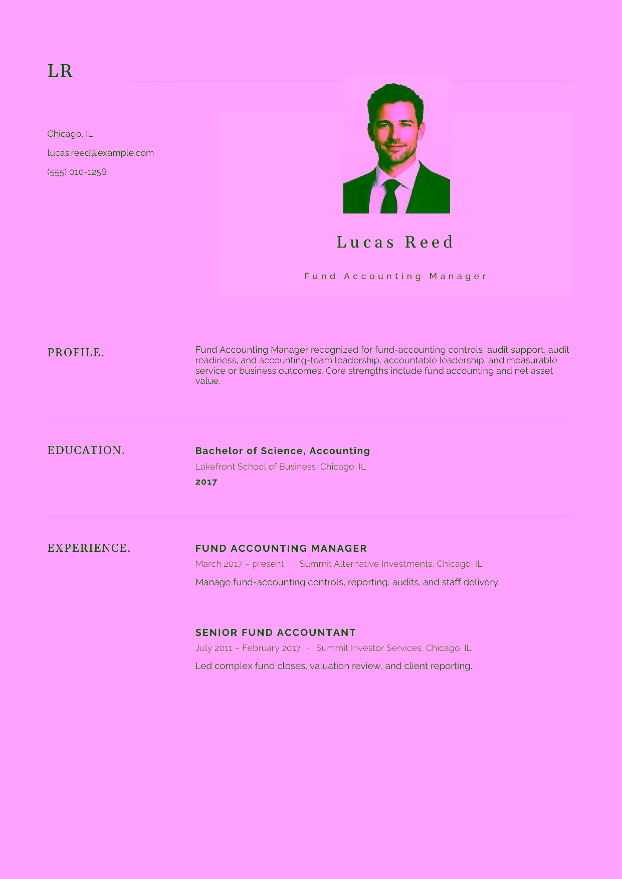 Advanced Fund Accounting Manager resume example in the Norma template focused on fund-accounting controls, audit support, audit readiness, and accounting-team leadership.