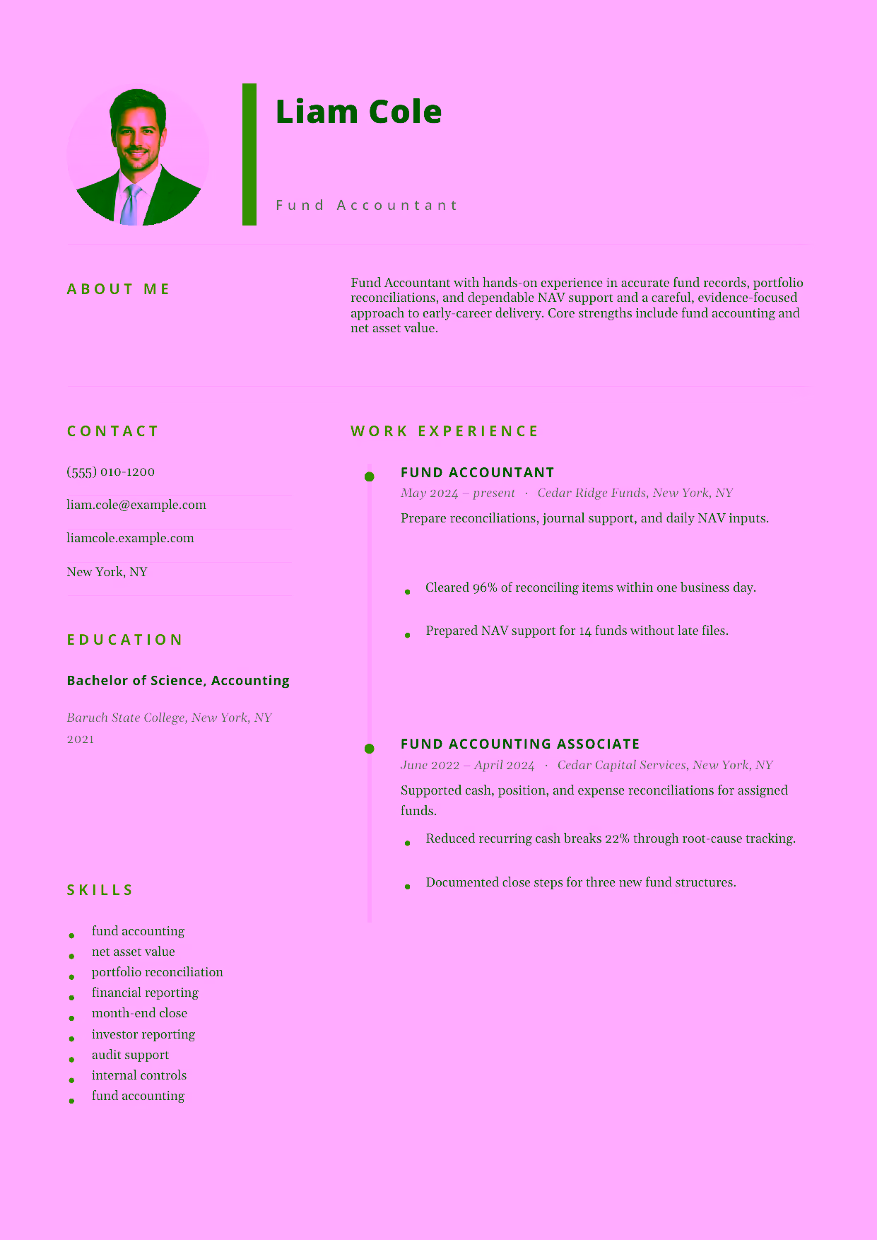 Entry-level Fund Accountant resume example in the Pegasus template focused on accurate fund records, portfolio reconciliations, and dependable NAV support.