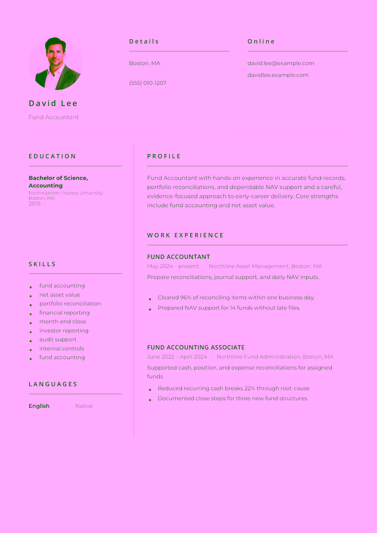 Entry-level Fund Accountant resume example in the Pictor template focused on accurate fund records, portfolio reconciliations, and dependable NAV support.