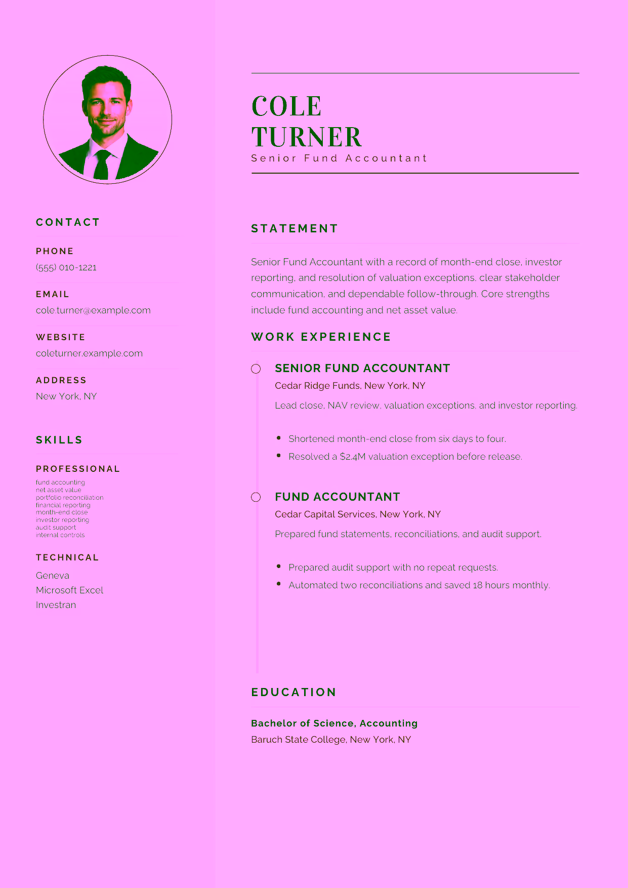 Mid-level Senior Fund Accountant resume example in the Cetus template focused on month-end close, investor reporting, and resolution of valuation exceptions.