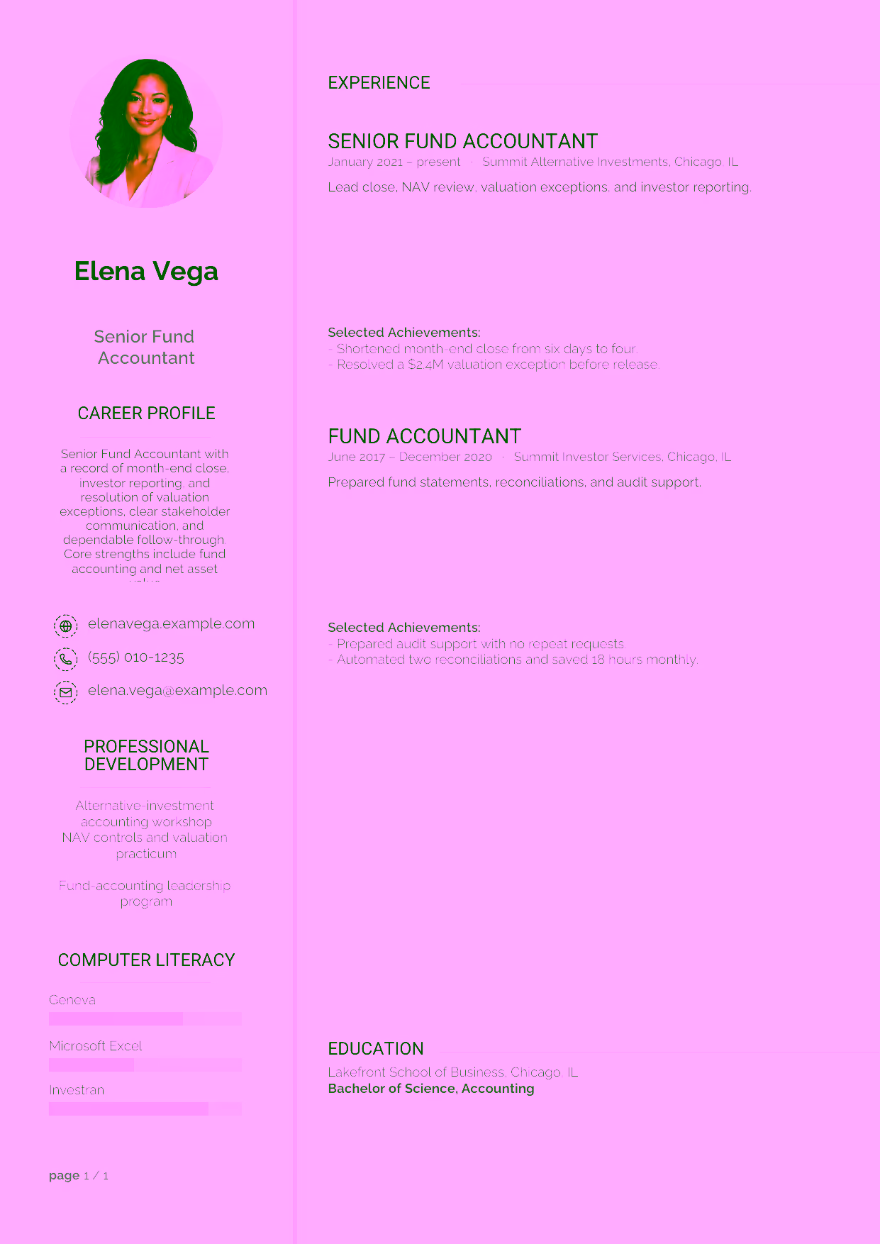Mid-level Senior Fund Accountant resume example in the Synnove template focused on month-end close, investor reporting, and resolution of valuation exceptions.