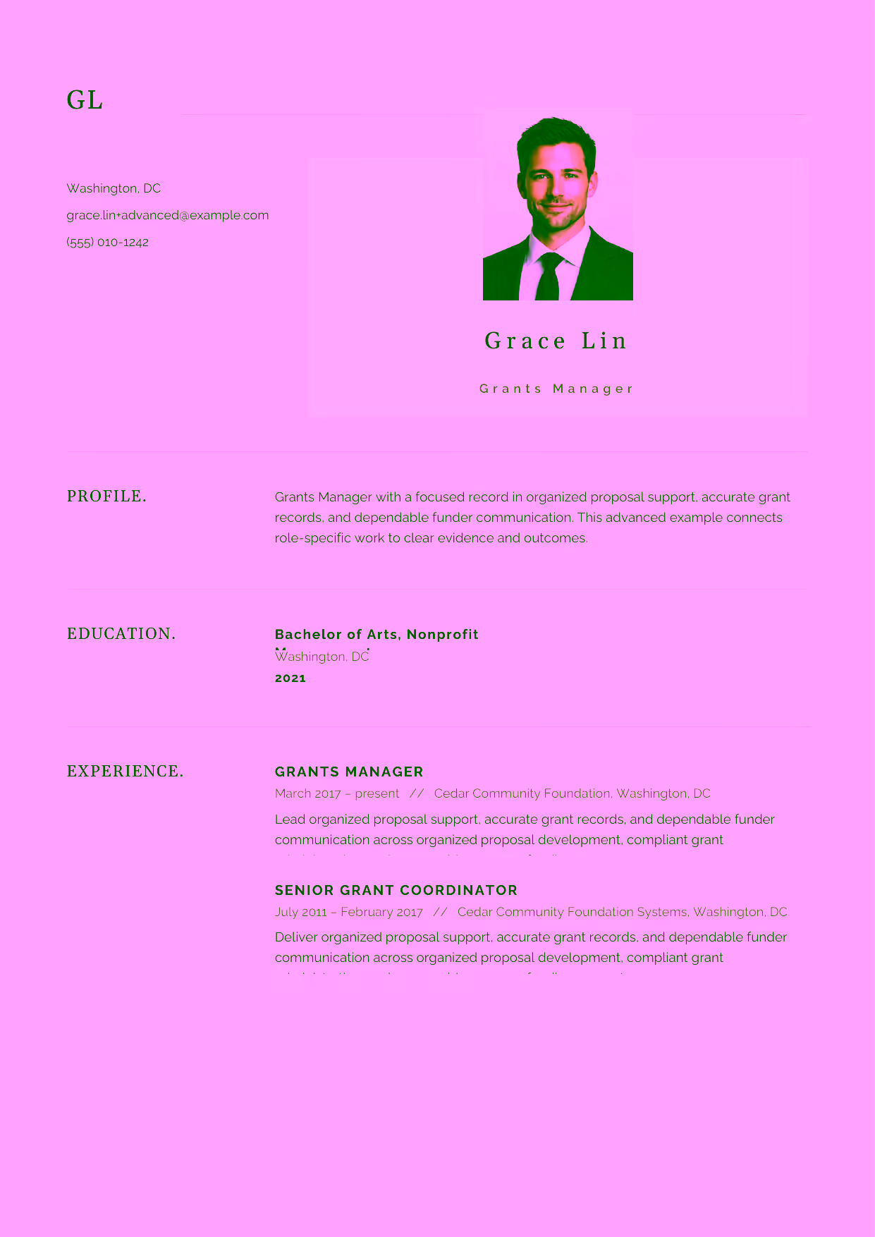 Advanced Grants Manager resume example in the Norma template focused on grant-portfolio strategy, program evaluation, and development-team leadership.