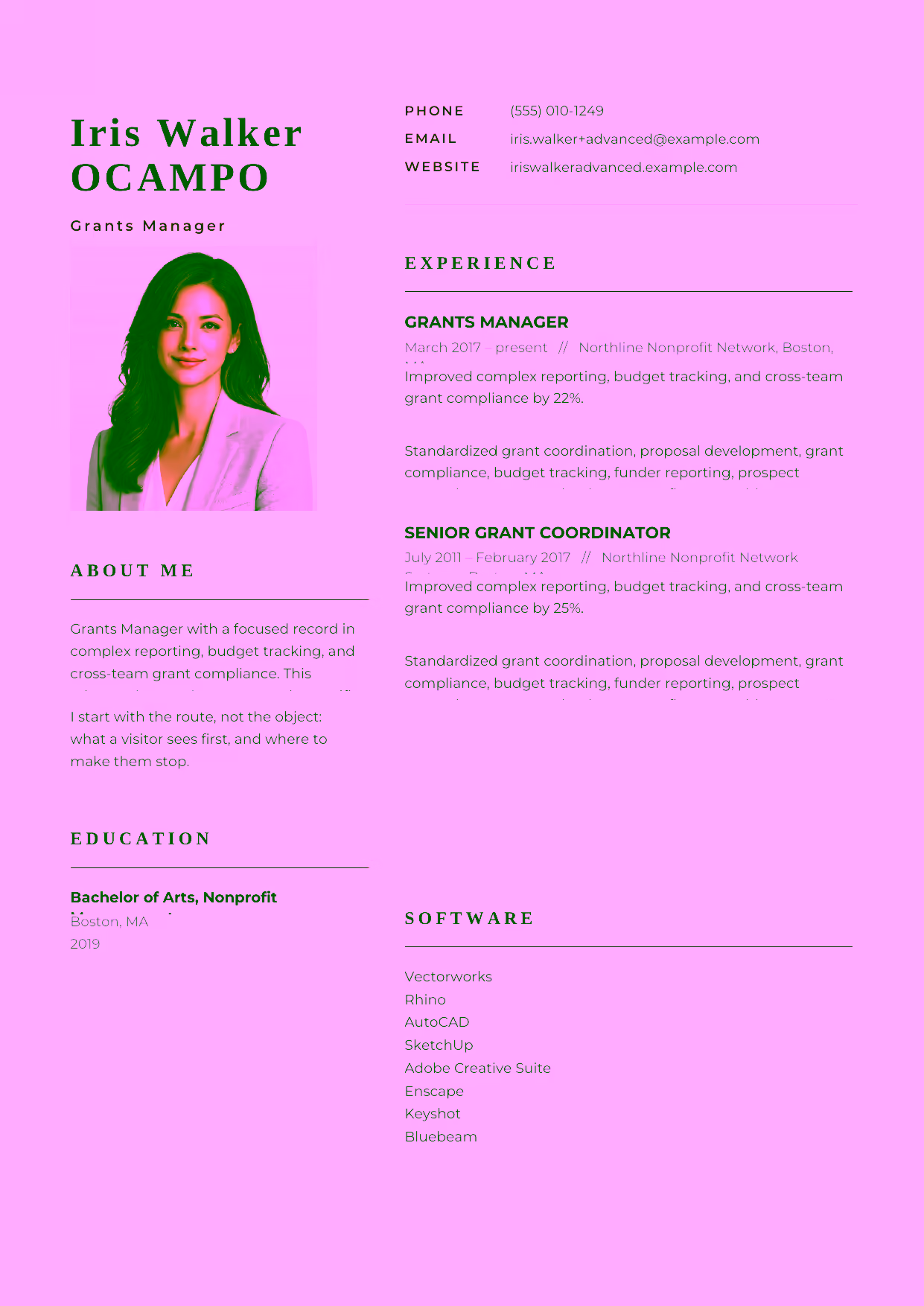 Advanced Grants Manager resume example in the Hydra template focused on grant-portfolio strategy, program evaluation, and development-team leadership.