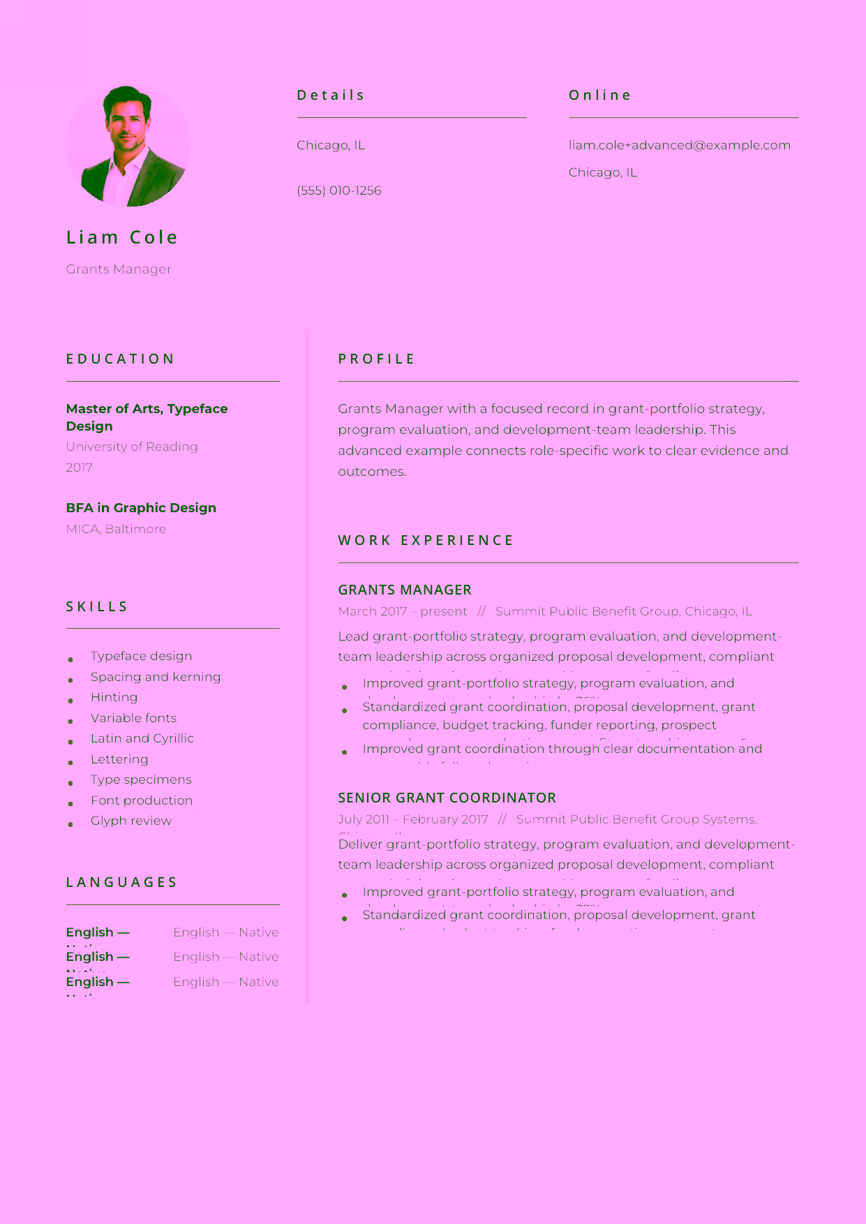 Advanced Grants Manager resume example in the Pictor template focused on grant-portfolio strategy, program evaluation, and development-team leadership.