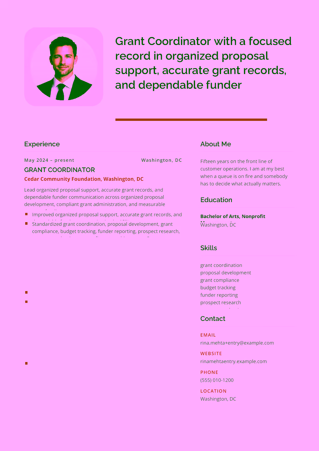 Entry-level Grant Coordinator resume example in the Andromeda template focused on organized proposal support, accurate grant records, and dependable funder communication.