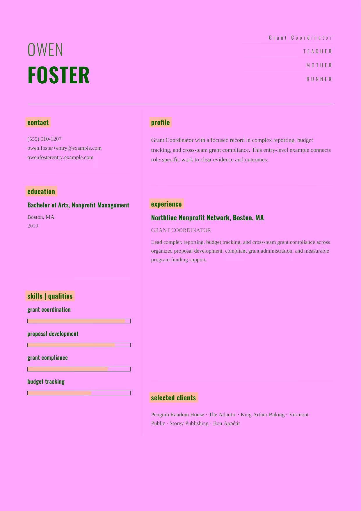 Entry-level Grant Coordinator resume example in the Dorado template focused on organized proposal support, accurate grant records, and dependable funder communication.