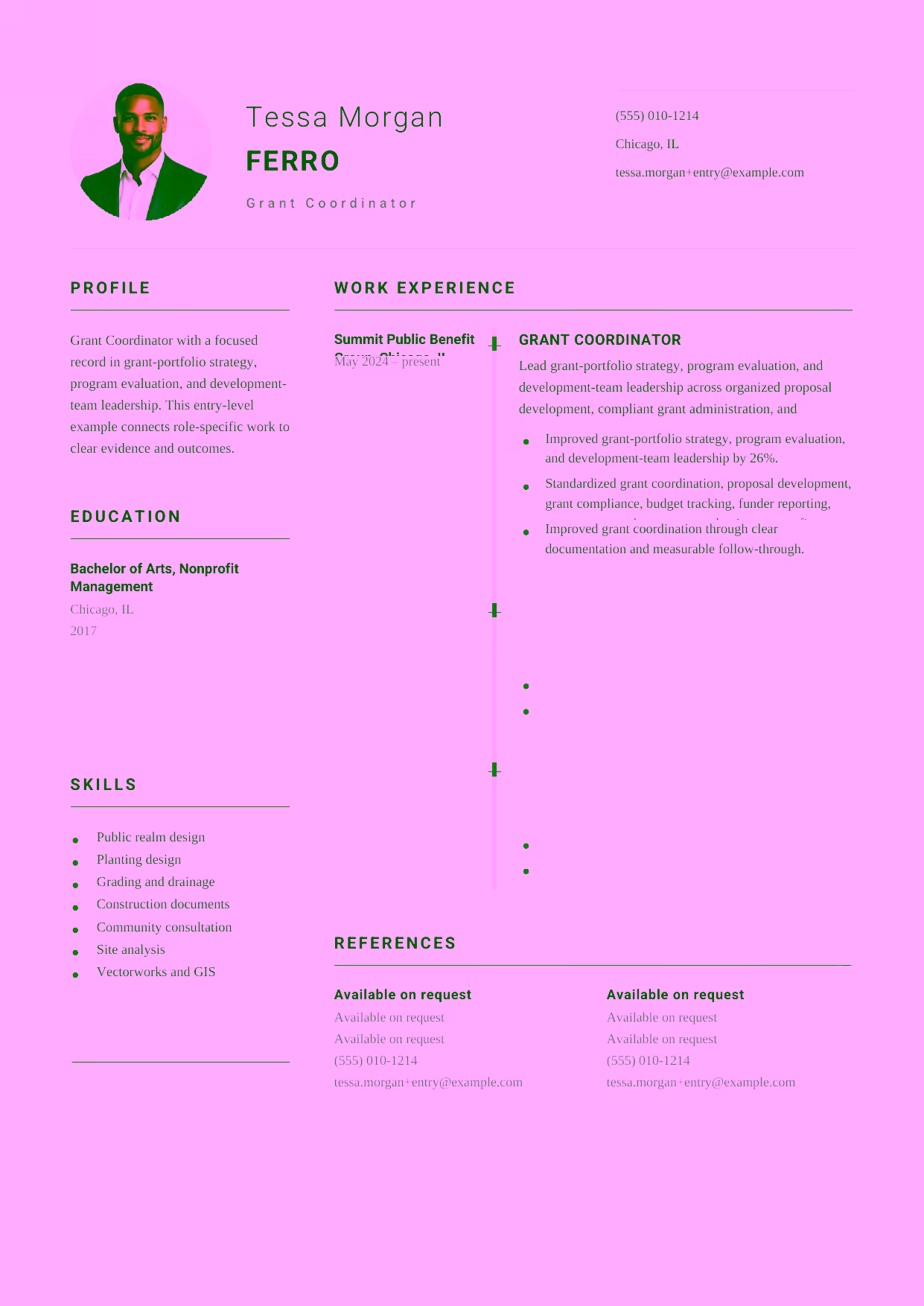Entry-level Grant Coordinator resume example in the Puppis template focused on organized proposal support, accurate grant records, and dependable funder communication.