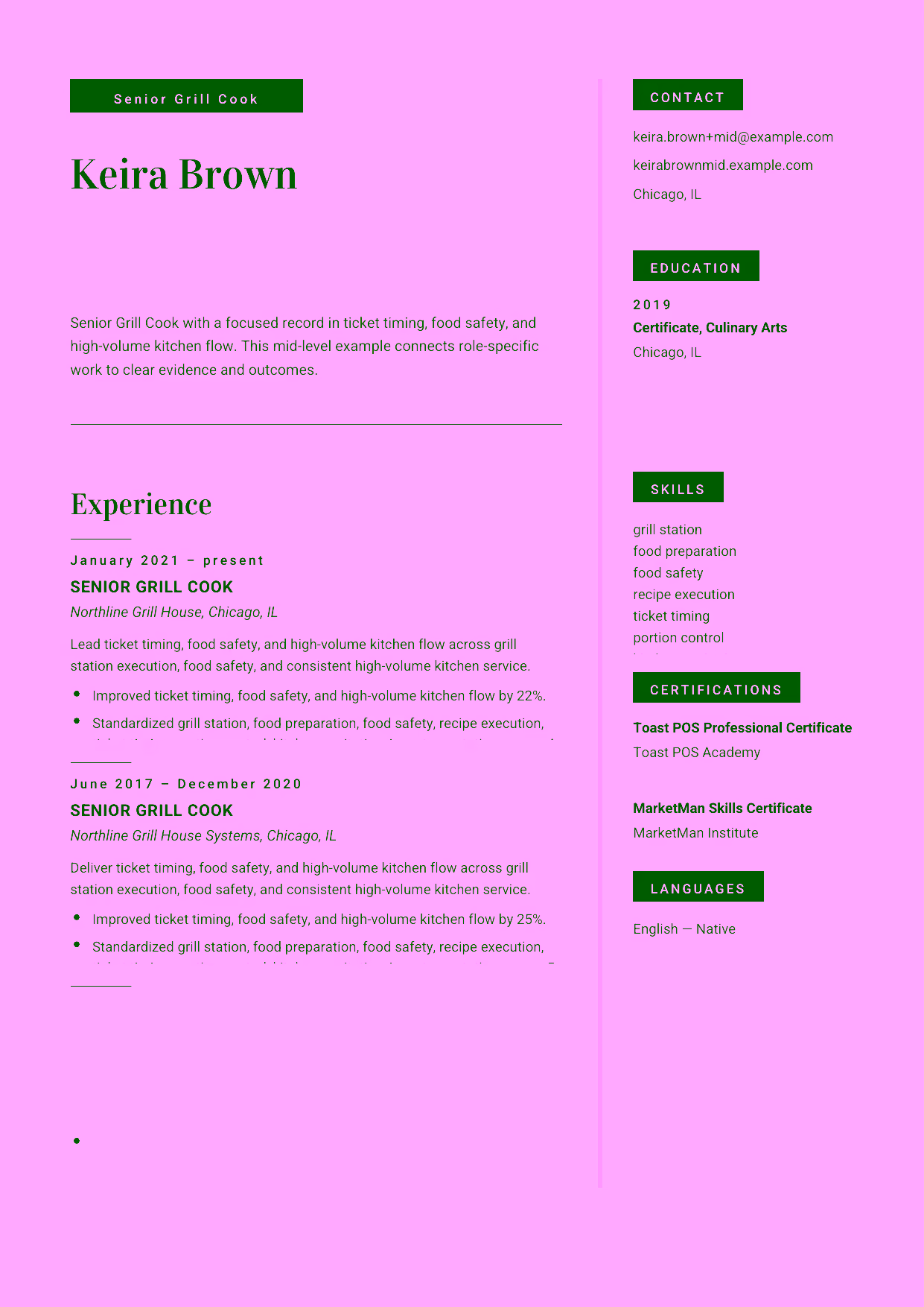 Mid-level Senior Grill Cook resume example in the Aquila template focused on ticket timing, food safety, and high-volume kitchen flow.