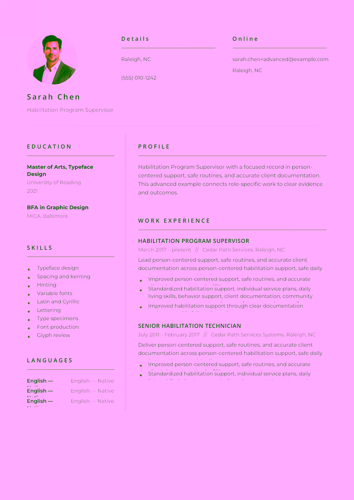 Advanced Habilitation Program Supervisor resume example in the Pictor template focused on habilitation program standards, family communication, and support-team leadership.