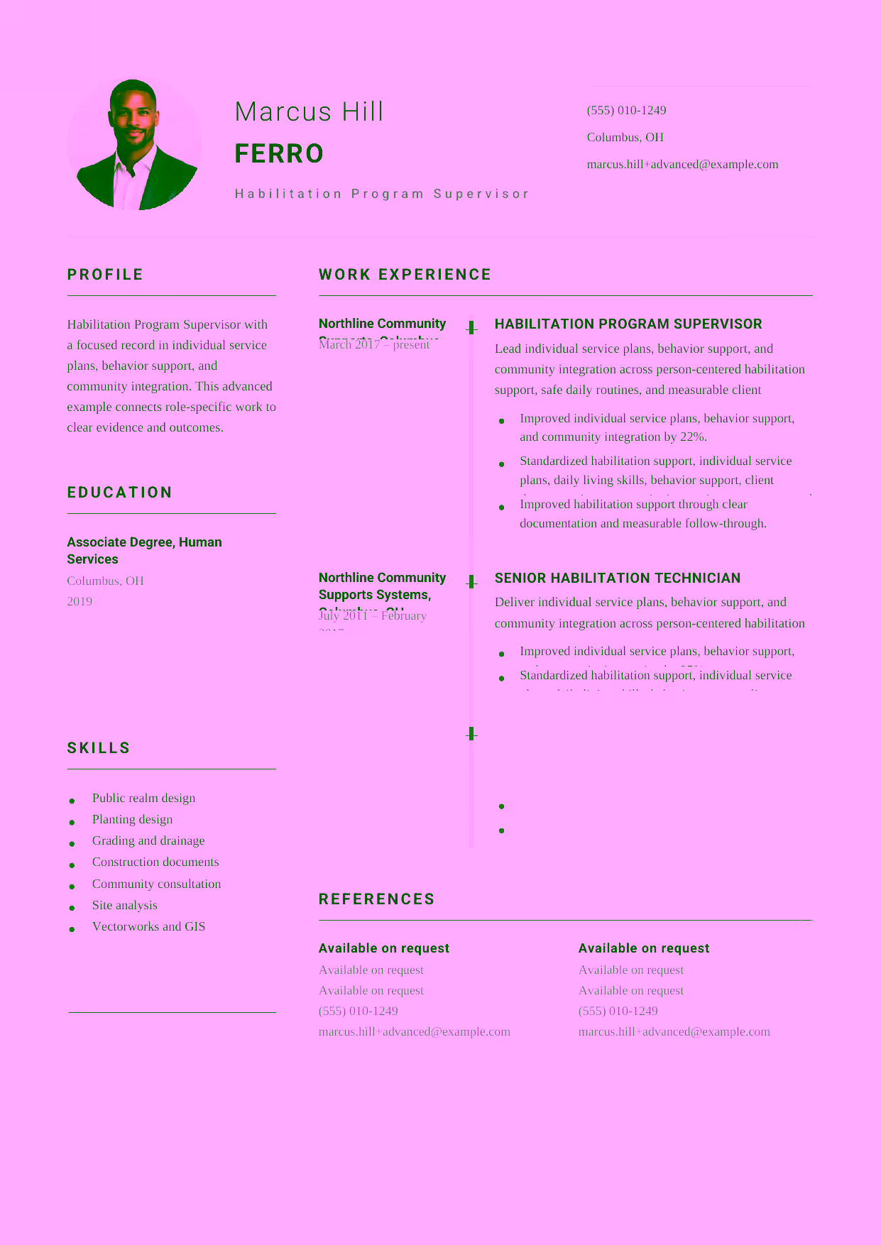 Advanced Habilitation Program Supervisor resume example in the Puppis template focused on habilitation program standards, family communication, and support-team leadership.