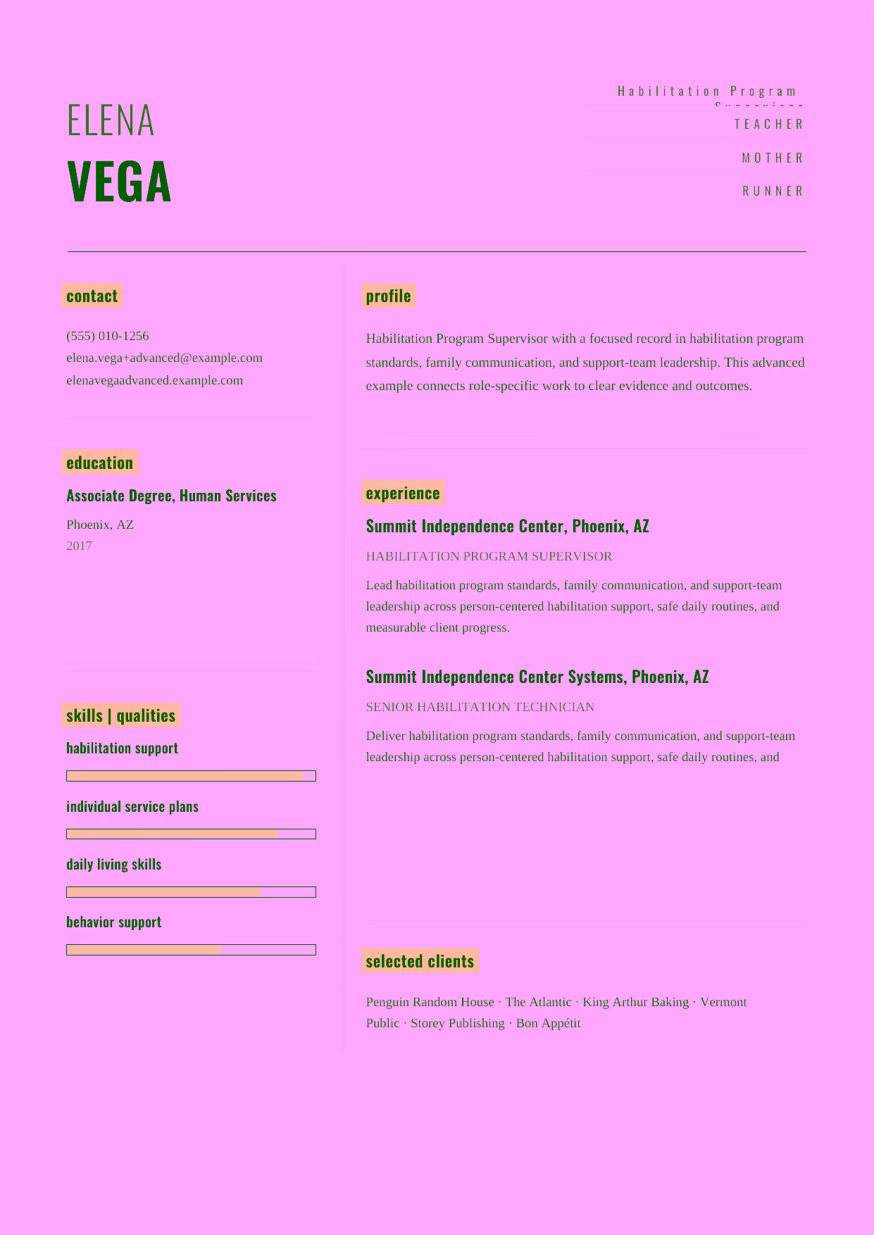 Advanced Habilitation Program Supervisor resume example in the Dorado template focused on habilitation program standards, family communication, and support-team leadership.