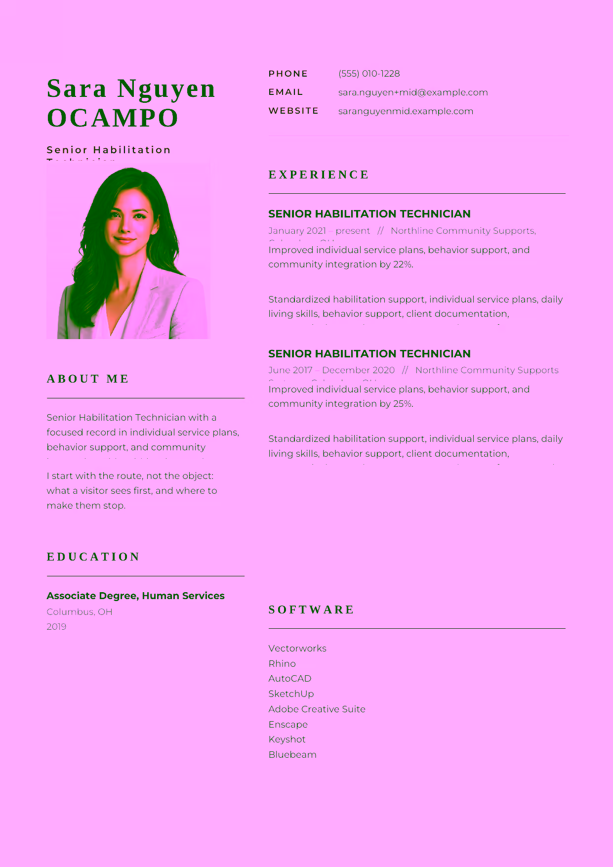Mid-level Senior Habilitation Technician resume example in the Hydra template focused on individual service plans, behavior support, and community integration.