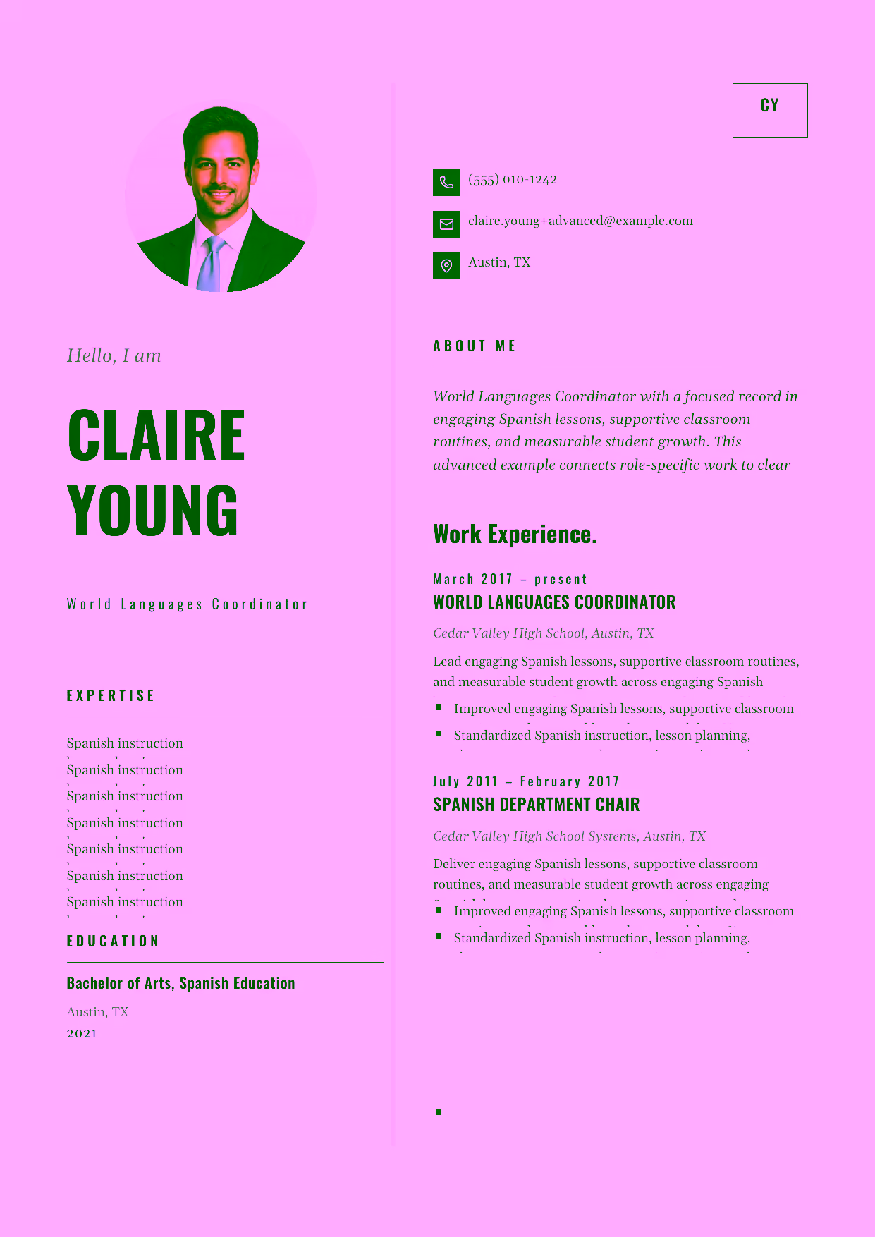Advanced World Languages Coordinator resume example in the Equuleus template focused on world-languages curriculum leadership, teacher coaching, and program improvement.