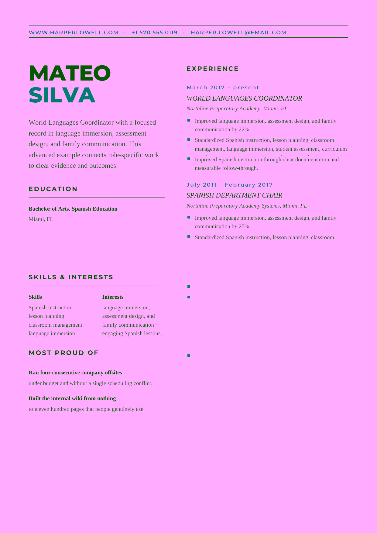 Advanced World Languages Coordinator resume example in the Bootes template focused on world-languages curriculum leadership, teacher coaching, and program improvement.