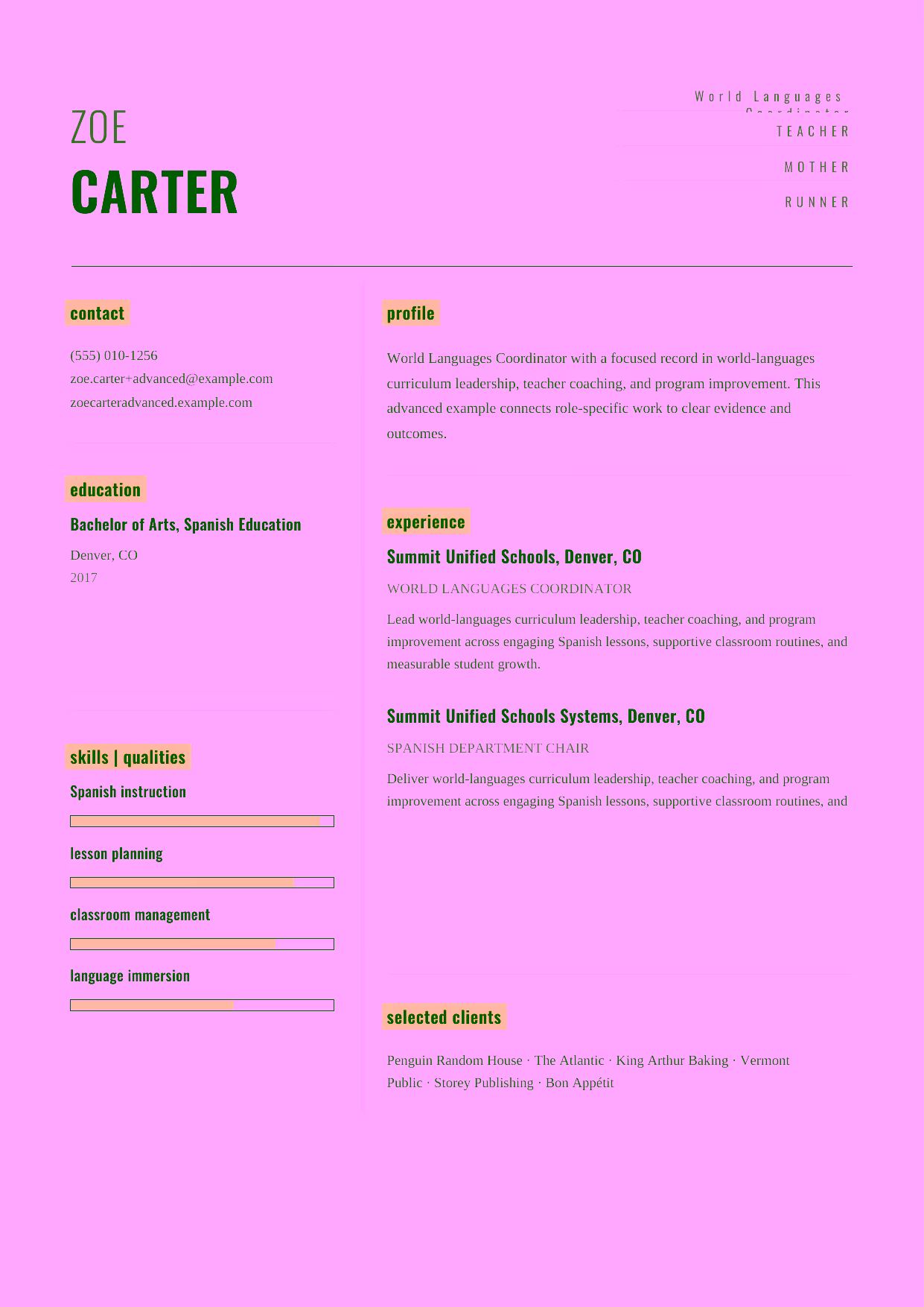 Advanced World Languages Coordinator resume example in the Dorado template focused on world-languages curriculum leadership, teacher coaching, and program improvement.
