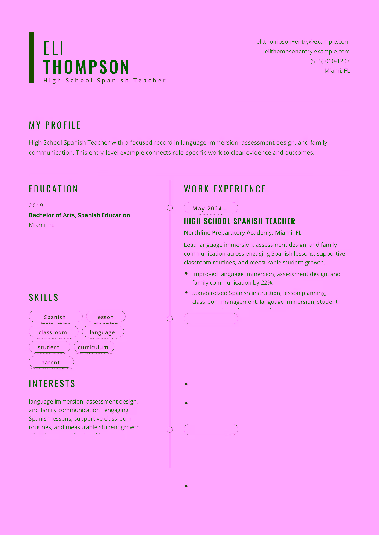 Entry-level High School Spanish Teacher resume example in the Caelum template focused on engaging Spanish lessons, supportive classroom routines, and measurable student growth.