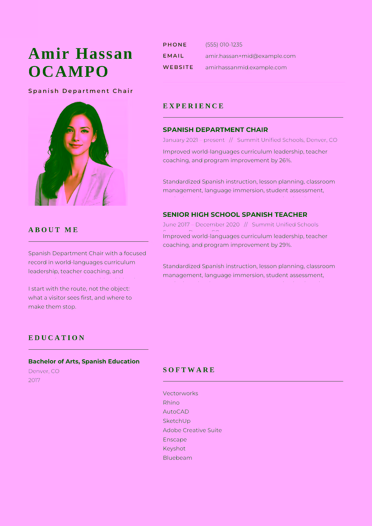 Mid-level Spanish Department Chair resume example in the Hydra template focused on language immersion, assessment design, and family communication.