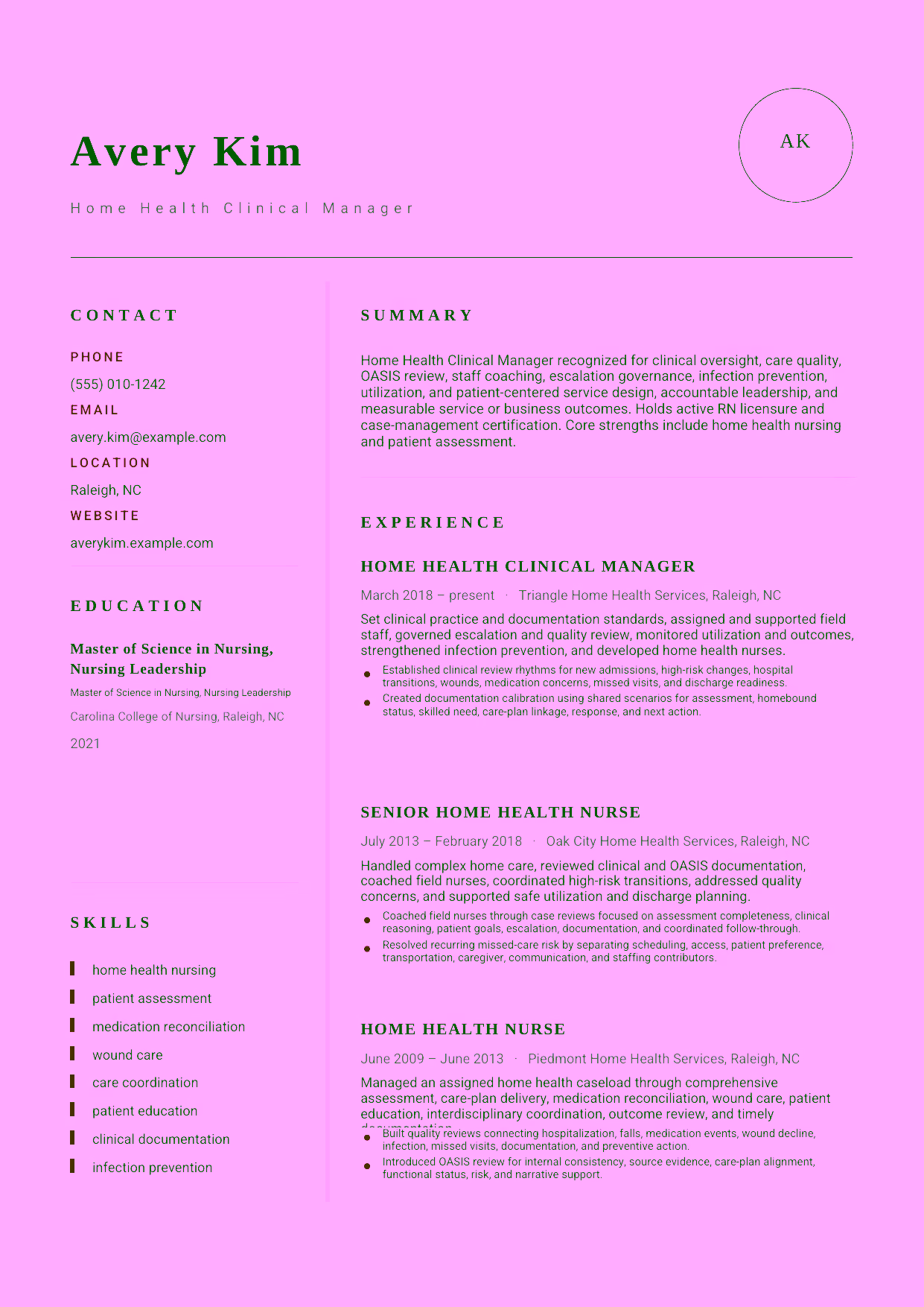 Advanced Home Health Clinical Manager resume example in the Grus template focused on clinical oversight, care quality, OASIS review, staff coaching, escalation governance, infection prevention, utilization, and patient-centered service design.