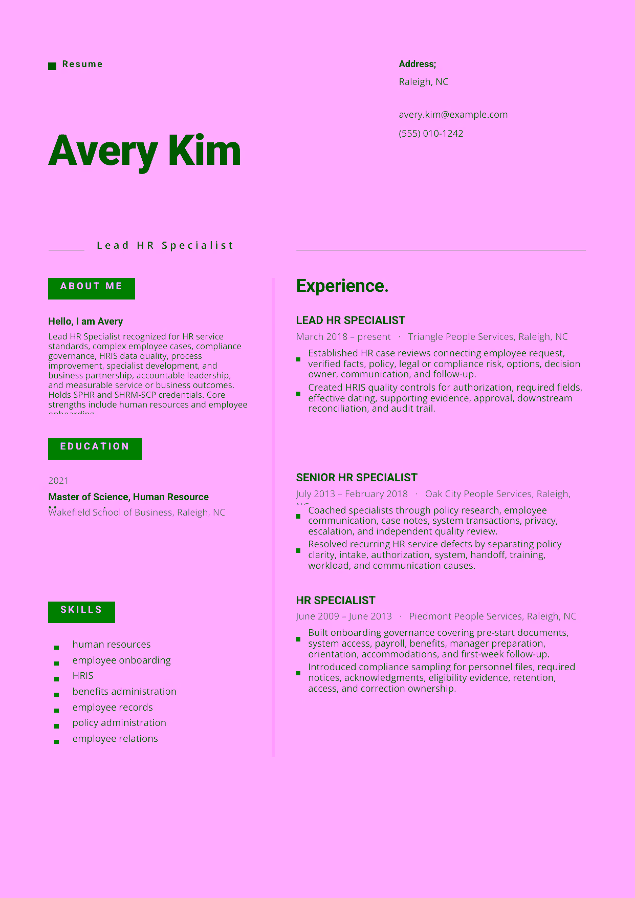 Advanced Lead HR Specialist resume example in the Indus template focused on HR service standards, complex employee cases, compliance governance, HRIS data quality, process improvement, specialist development, and business partnership.