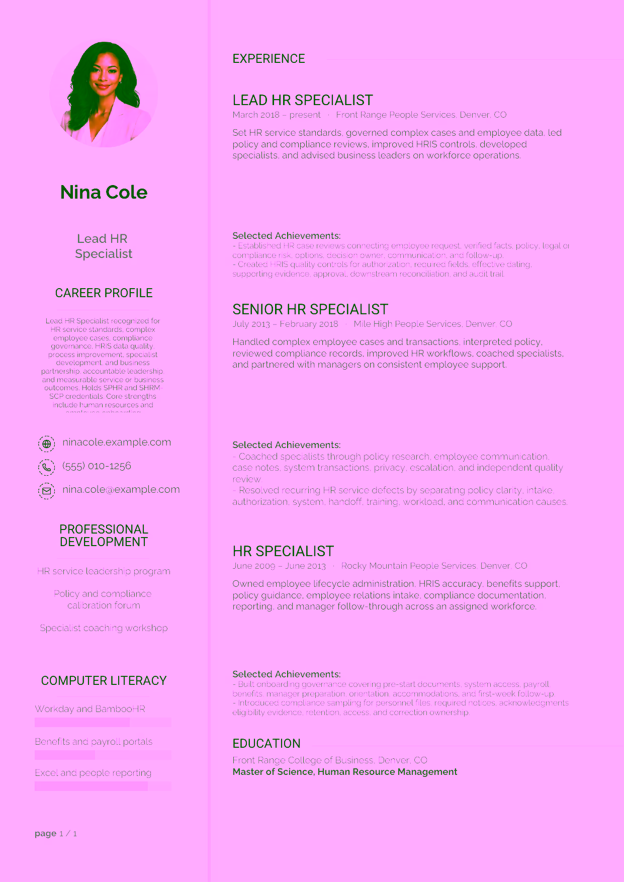 Advanced Lead HR Specialist resume example in the Synnove template focused on HR service standards, complex employee cases, compliance governance, HRIS data quality, process improvement, specialist development, and business partnership.