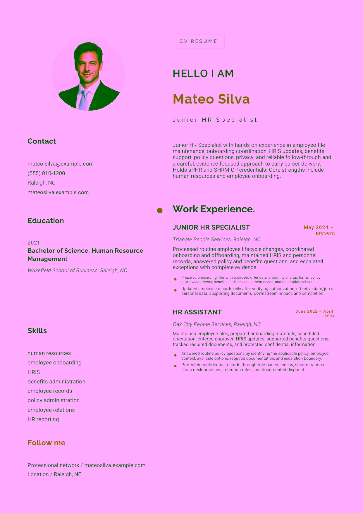 Entry-level Junior HR Specialist resume example in the Eridanus template focused on employee-file maintenance, onboarding coordination, HRIS updates, benefits support, policy questions, privacy, and reliable follow-through.