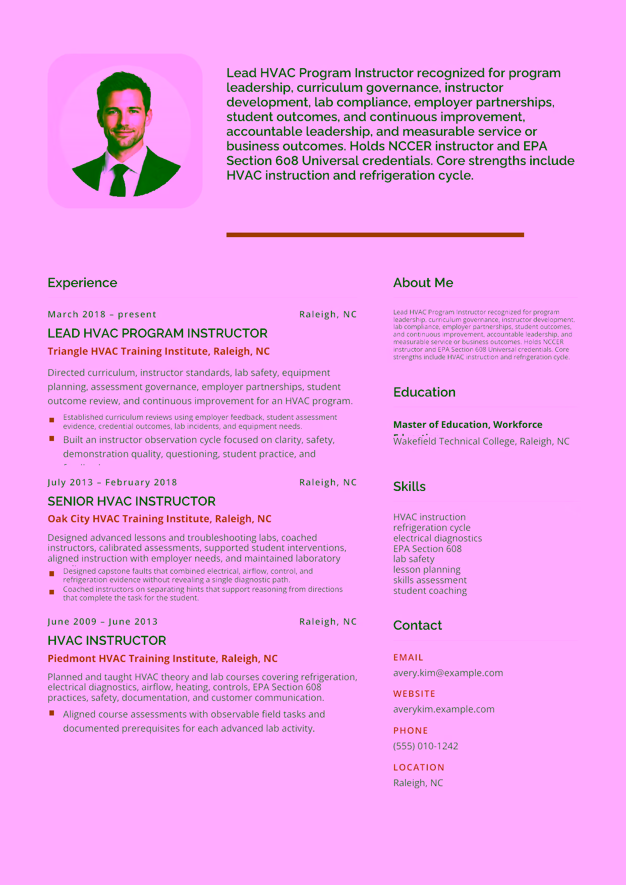 Advanced Lead HVAC Program Instructor resume example in the Andromeda template focused on program leadership, curriculum governance, instructor development, lab compliance, employer partnerships, student outcomes, and continuous improvement.