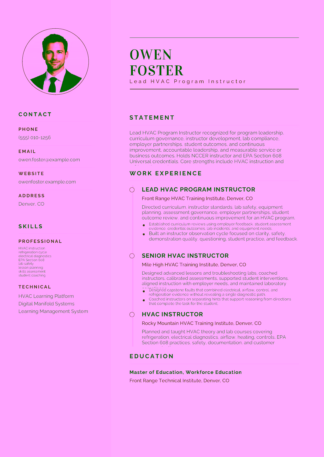 Advanced Lead HVAC Program Instructor resume example in the Cetus template focused on program leadership, curriculum governance, instructor development, lab compliance, employer partnerships, student outcomes, and continuous improvement.
