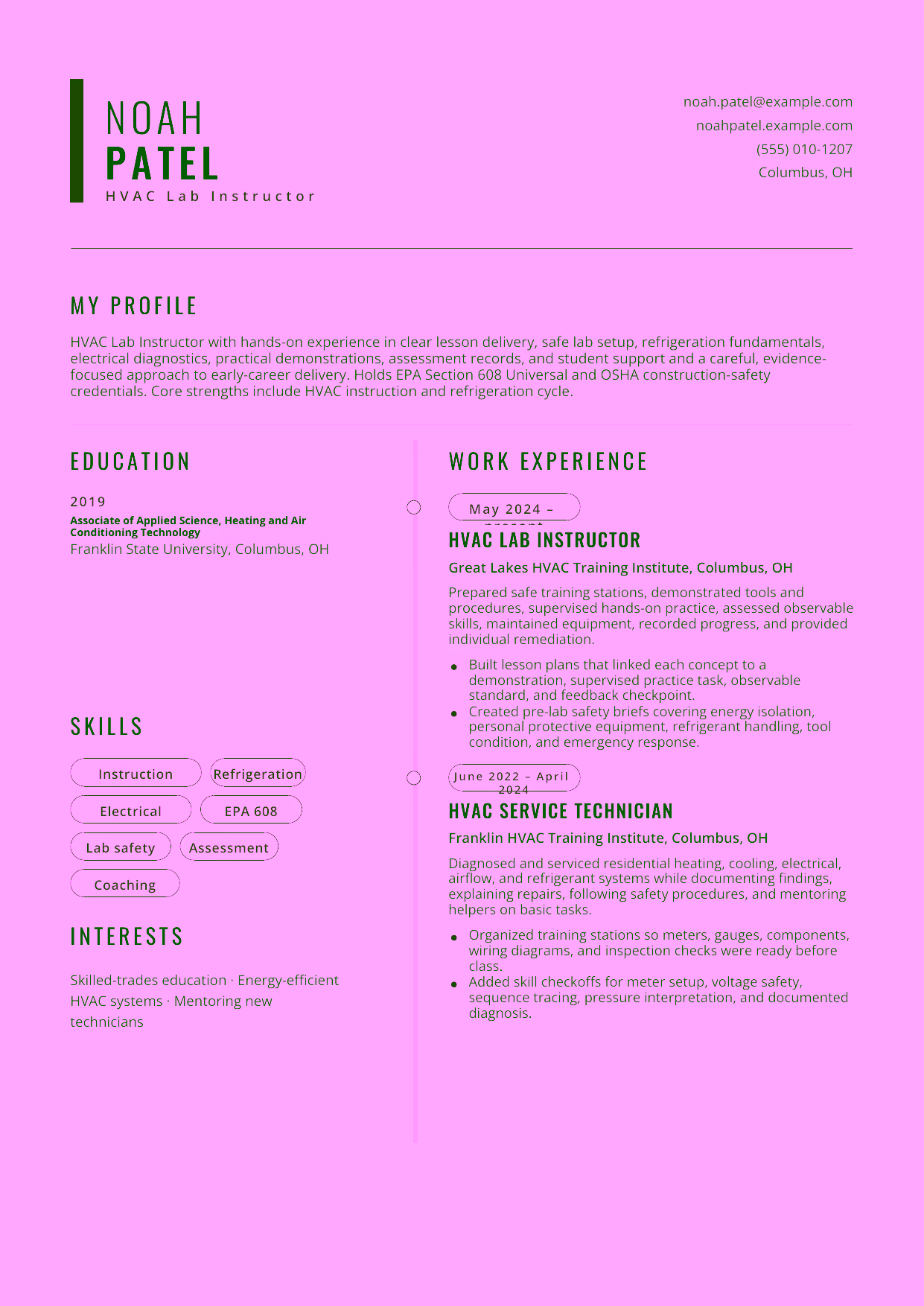 Entry-level HVAC Lab Instructor resume example in the Caelum template focused on clear lesson delivery, safe lab setup, refrigeration fundamentals, electrical diagnostics, practical demonstrations, assessment records, and student support.