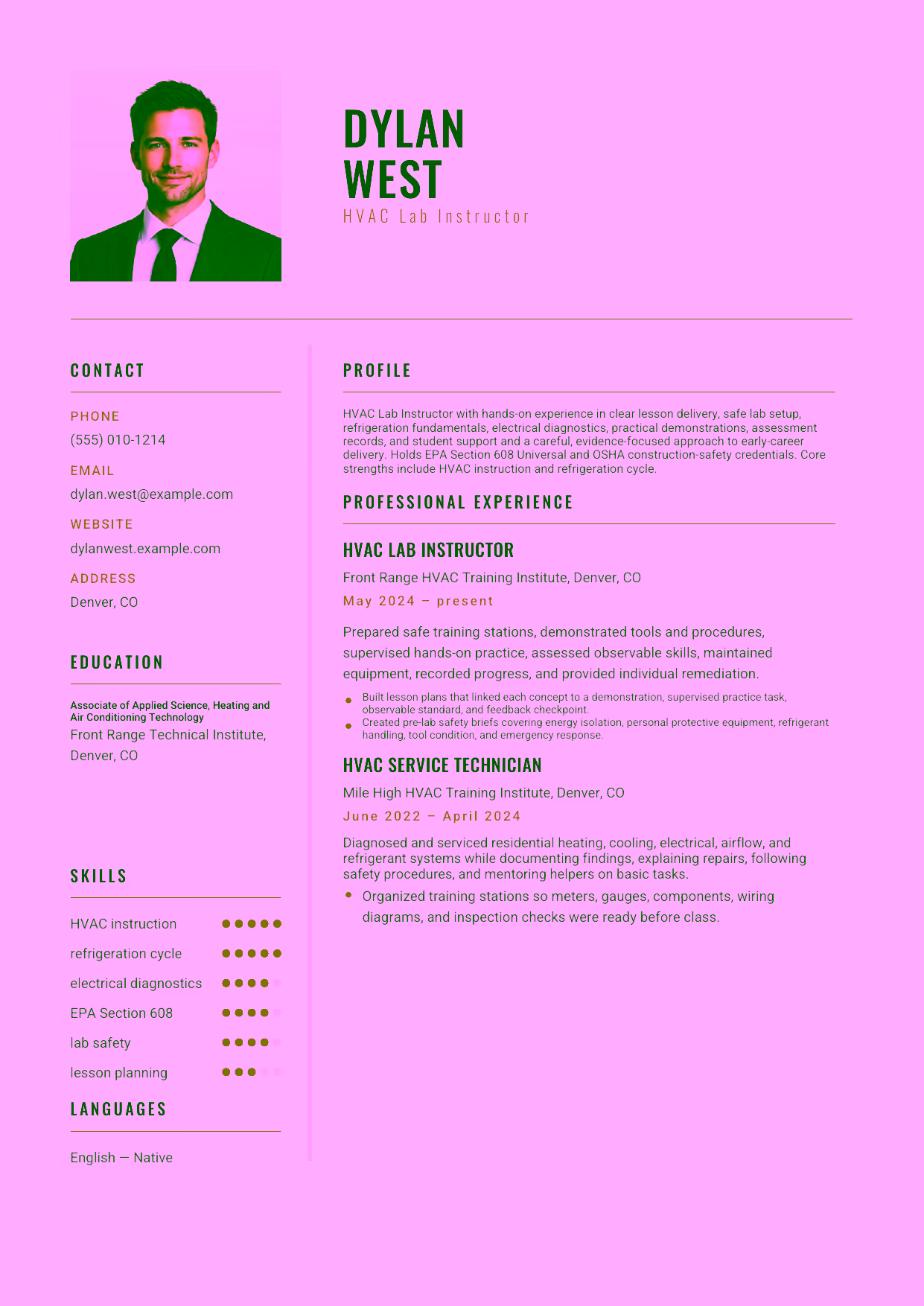 Entry-level HVAC Lab Instructor resume example in the Acamar template focused on clear lesson delivery, safe lab setup, refrigeration fundamentals, electrical diagnostics, practical demonstrations, assessment records, and student support.