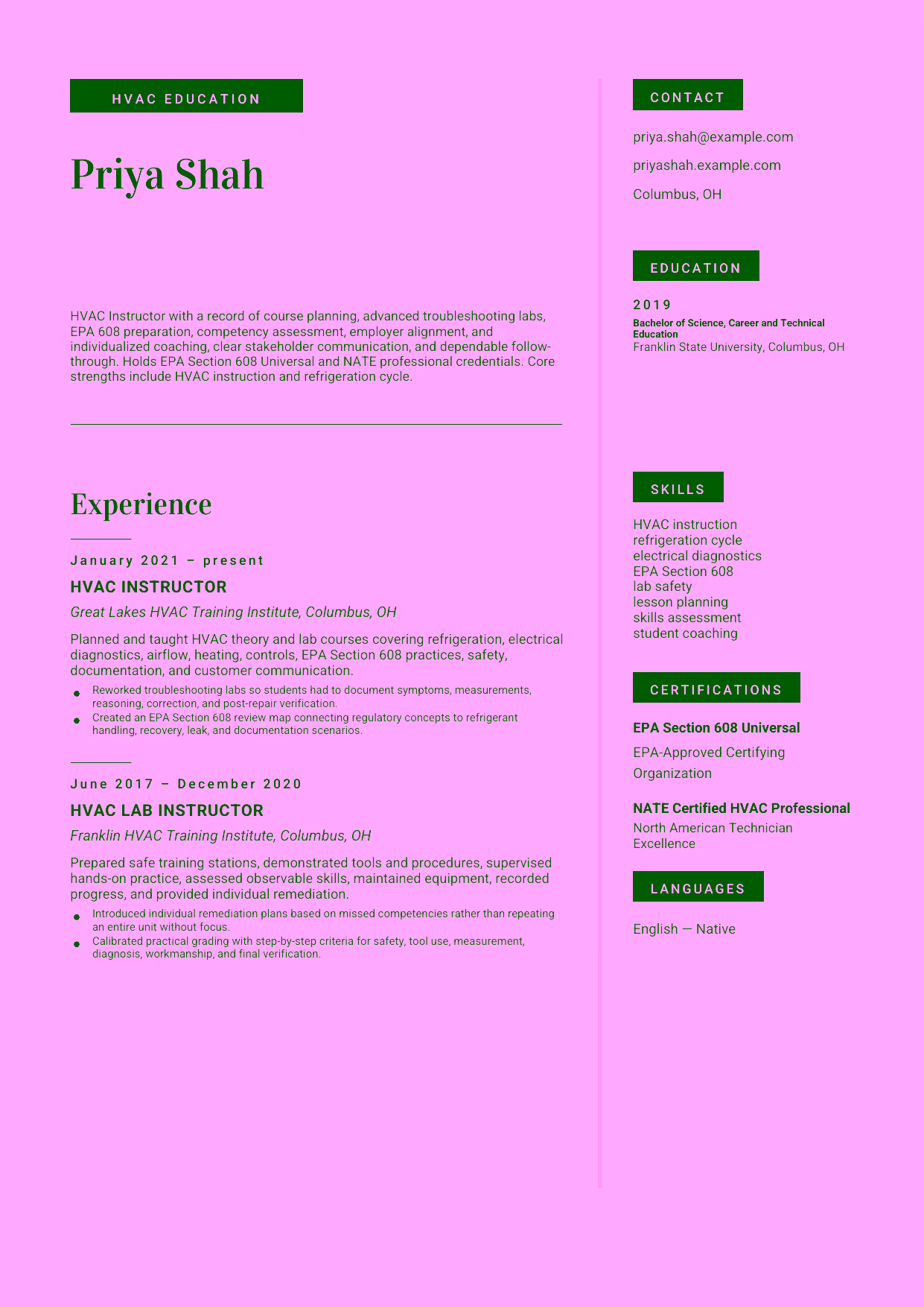 Mid-level HVAC Instructor resume example in the Aquila template focused on course planning, advanced troubleshooting labs, EPA 608 preparation, competency assessment, employer alignment, and individualized coaching.