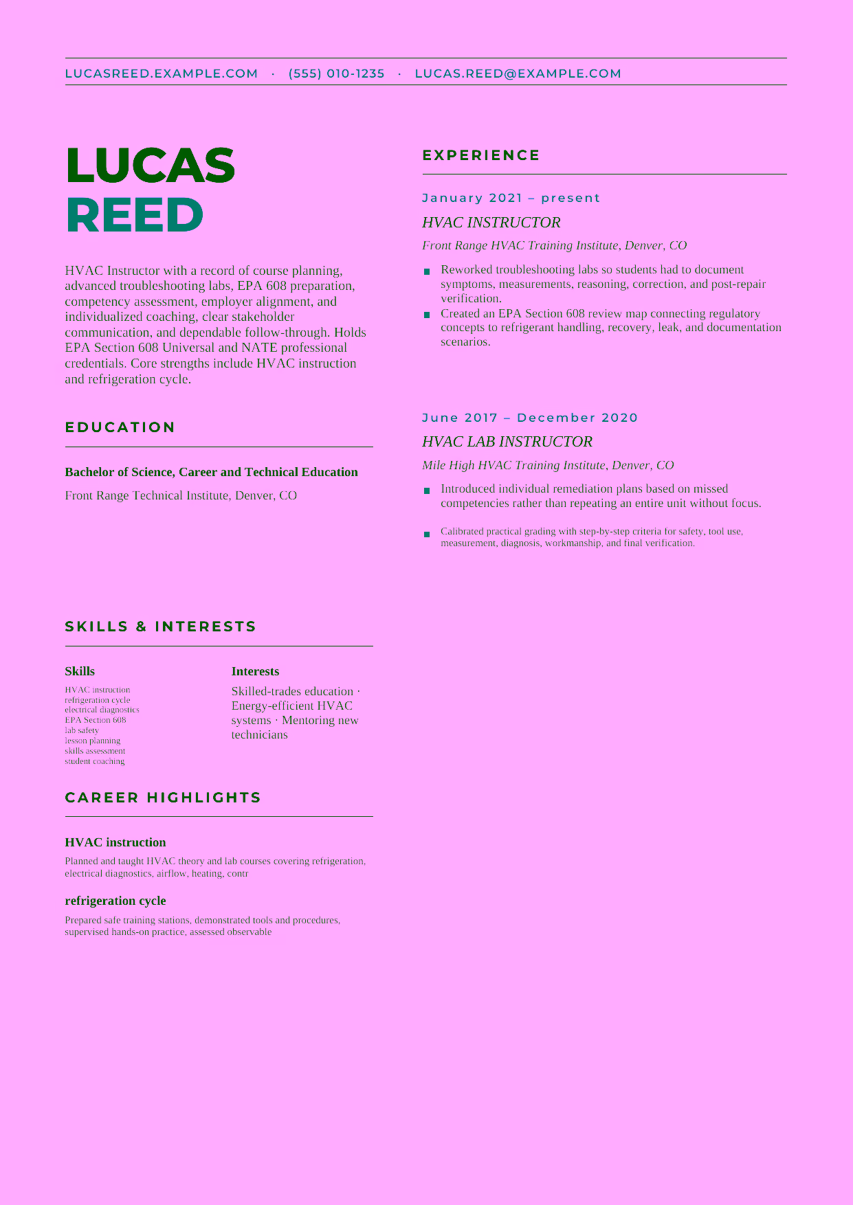 Mid-level HVAC Instructor resume example in the Bootes template focused on course planning, advanced troubleshooting labs, EPA 608 preparation, competency assessment, employer alignment, and individualized coaching.